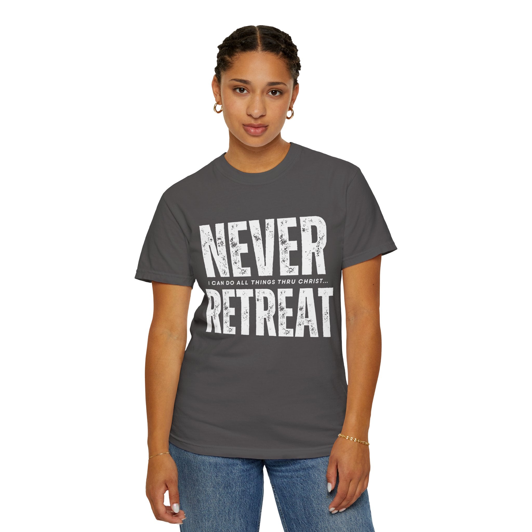 Collection of Never Retreat Shirt for Everyday Wear, Stylish Graphic Tee, Perfect for Gifts, Summer Outfits, Celebrations in a gallery layout