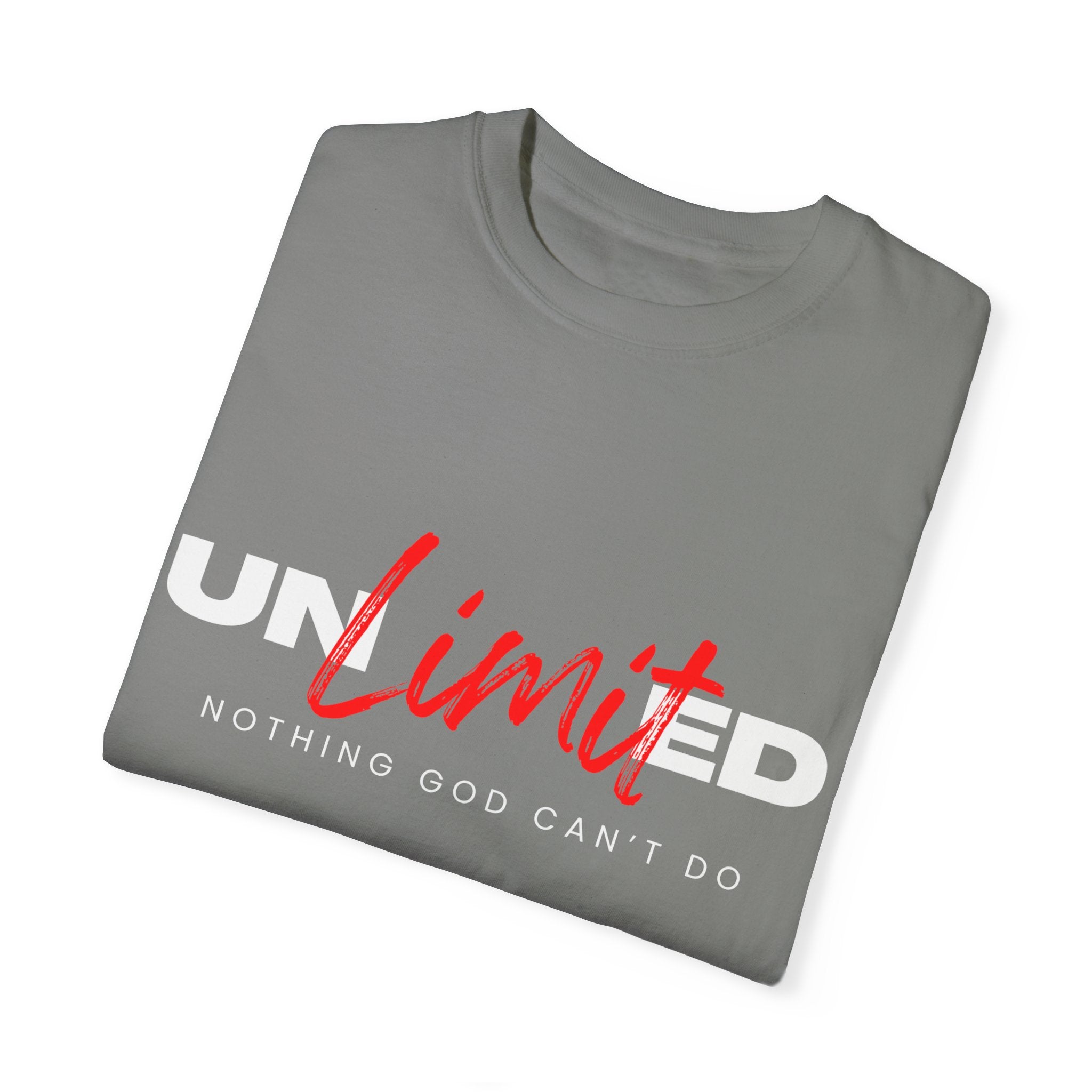 Collection of Unisex Garment-Dyed T-Shirt - "UNLIMITED: Nothing God Can’t Do" Inspirational Tee in a gallery layout