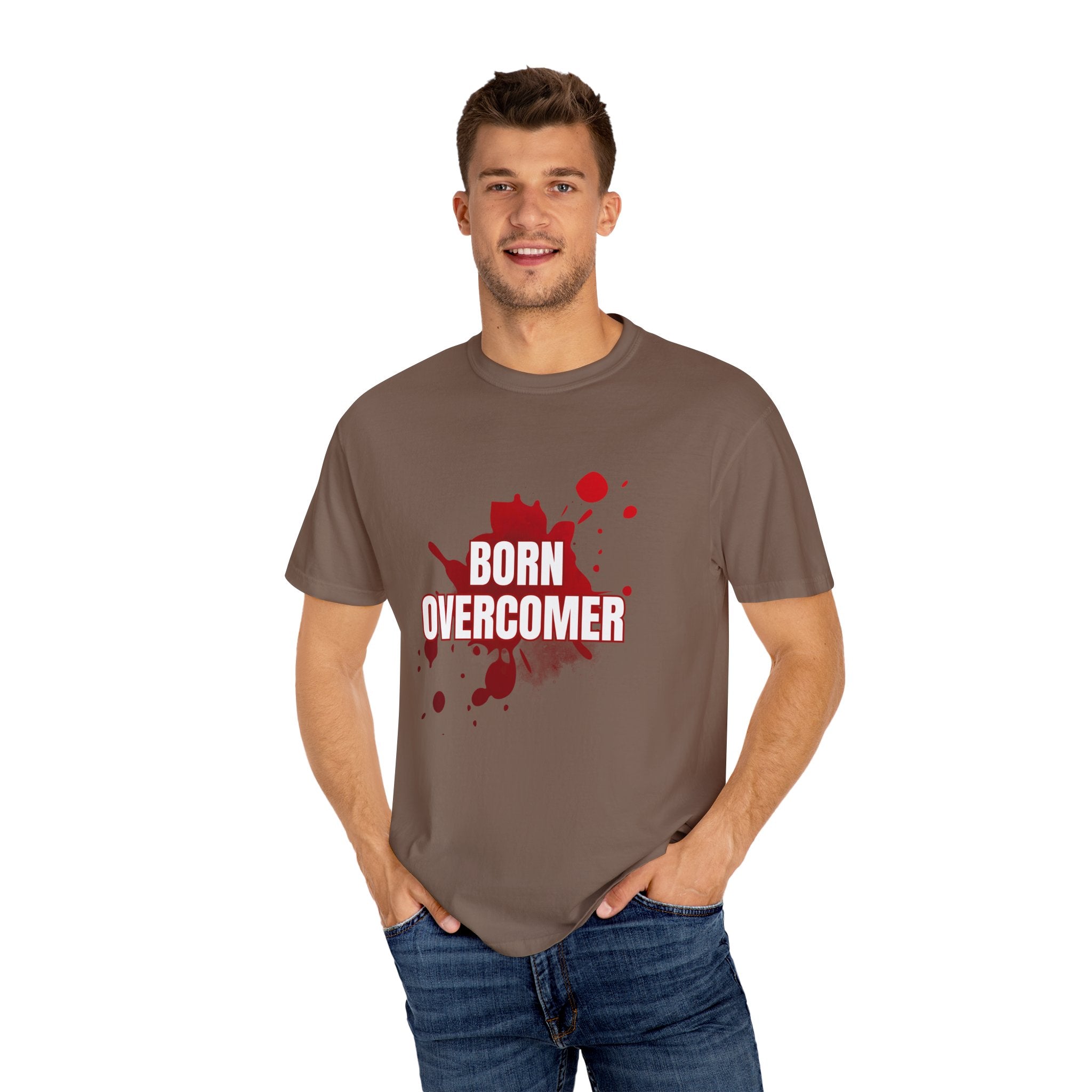 Collection of Born Overcomer Unisex Garment-Dyed T-shirt - Inspirational Tee for Motivated Individuals in a gallery layout