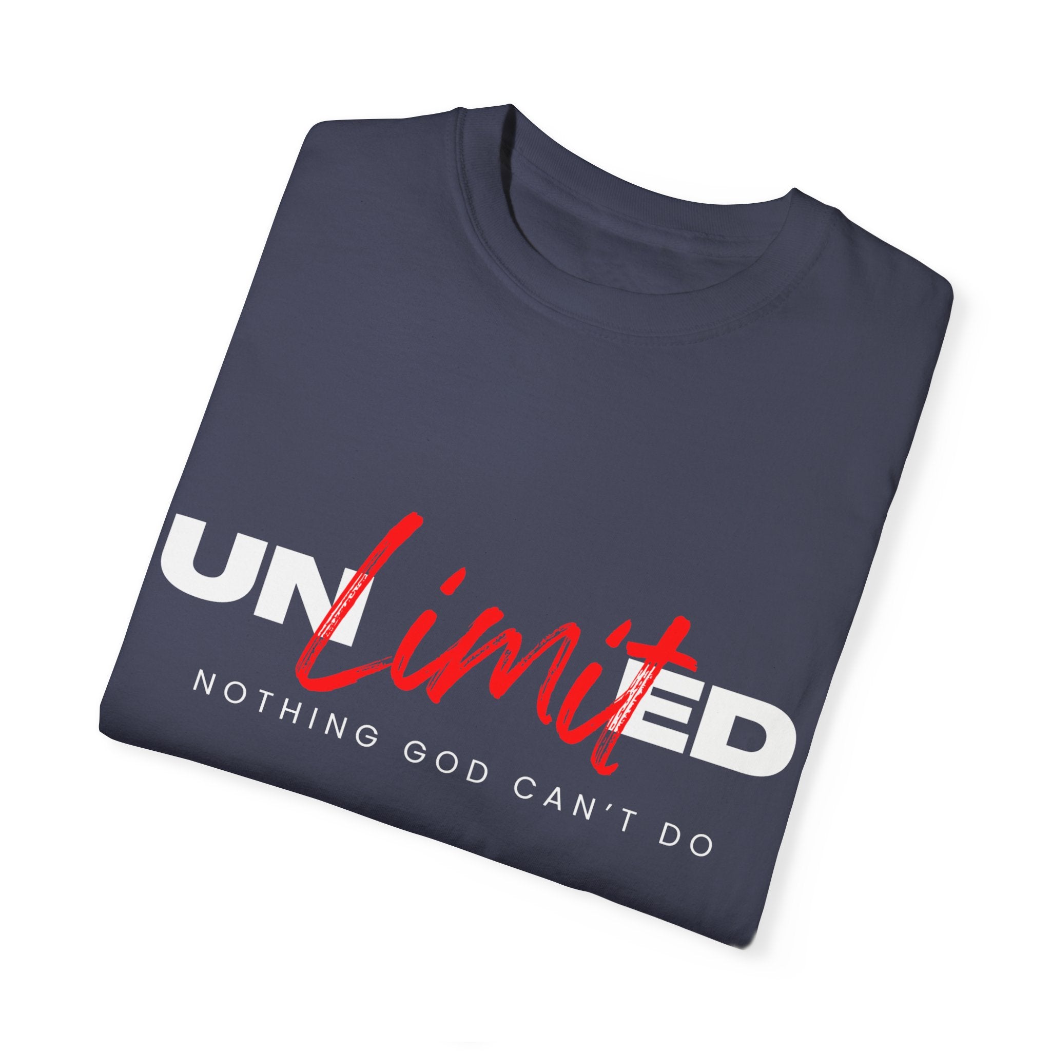 Collection of Unisex Garment-Dyed T-Shirt - "UNLIMITED: Nothing God Can’t Do" Inspirational Tee in a gallery layout