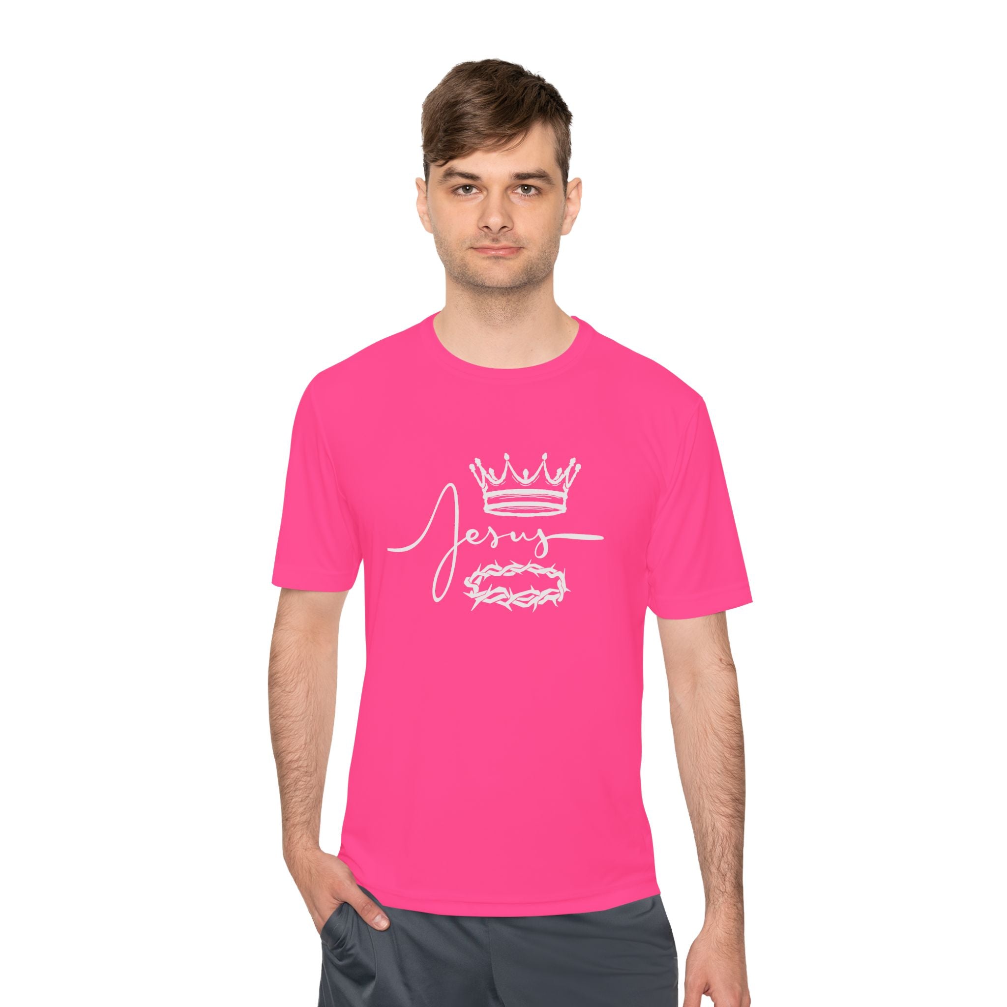 Collection of Faith-Inspired Unisex Moisture Wicking Tee - 'Jesus' Crown Design in a gallery layout