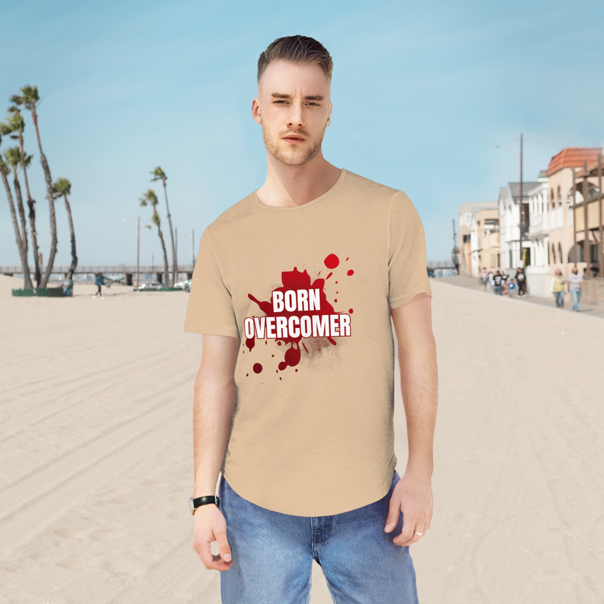 Collection of Born Overcomer Men's Jersey Curved Hem Tee - Inspirational Graphic Tee in a gallery layout