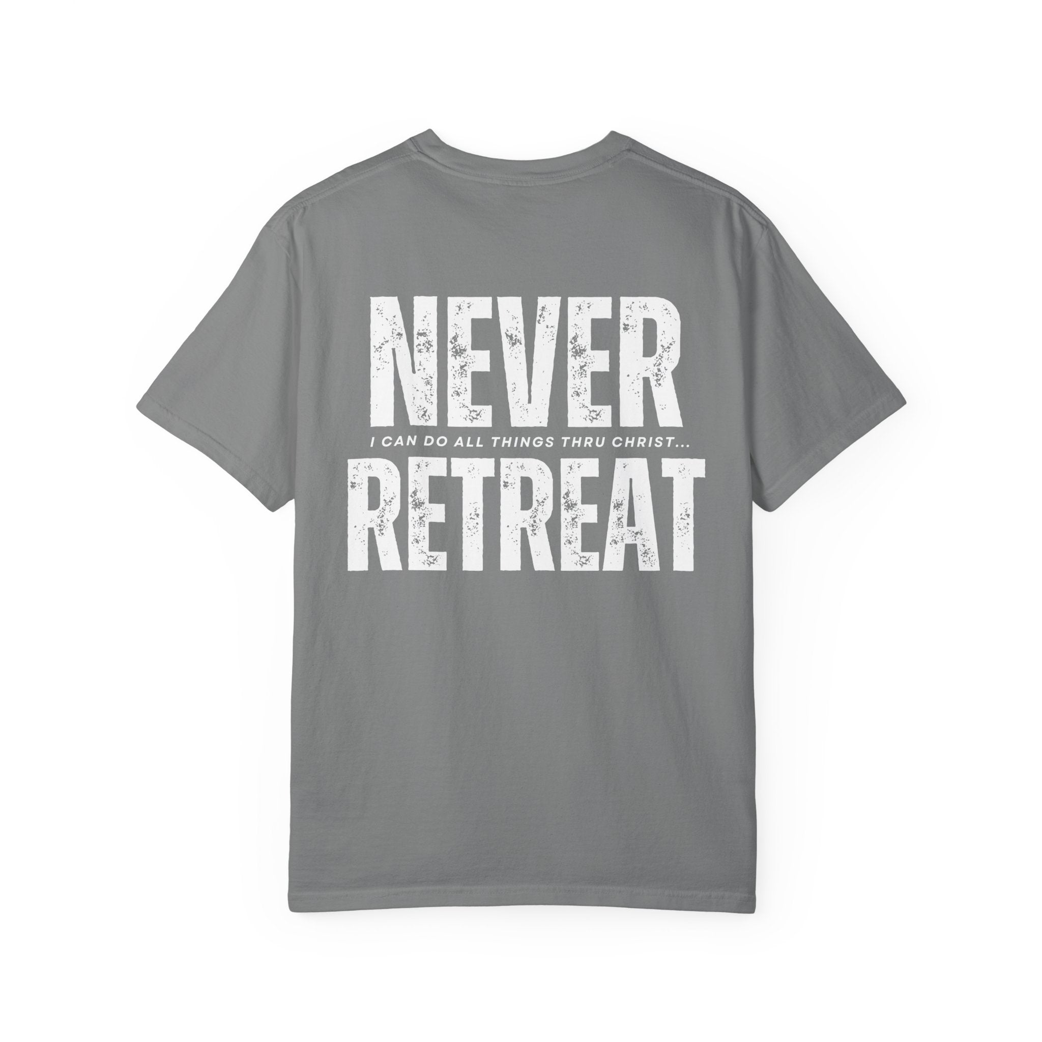 Collection of Never Retreat Shirt for Everyday Wear, Stylish Graphic Tee, Perfect for Gifts, Summer Outfits, Celebrations in a gallery layout
