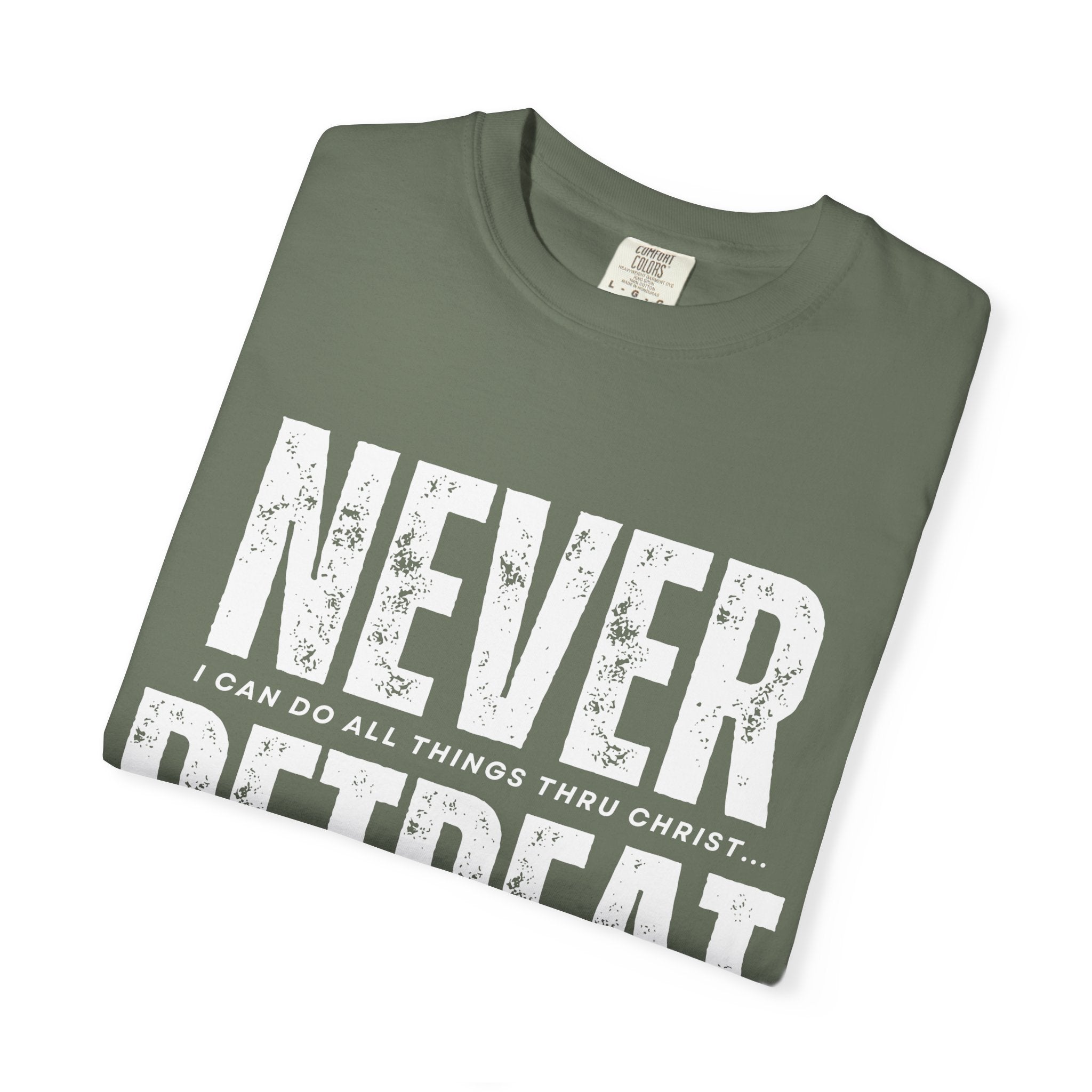 Collection of Never Retreat Shirt for Everyday Wear, Stylish Graphic Tee, Perfect for Gifts, Summer Outfits, Celebrations in a gallery layout