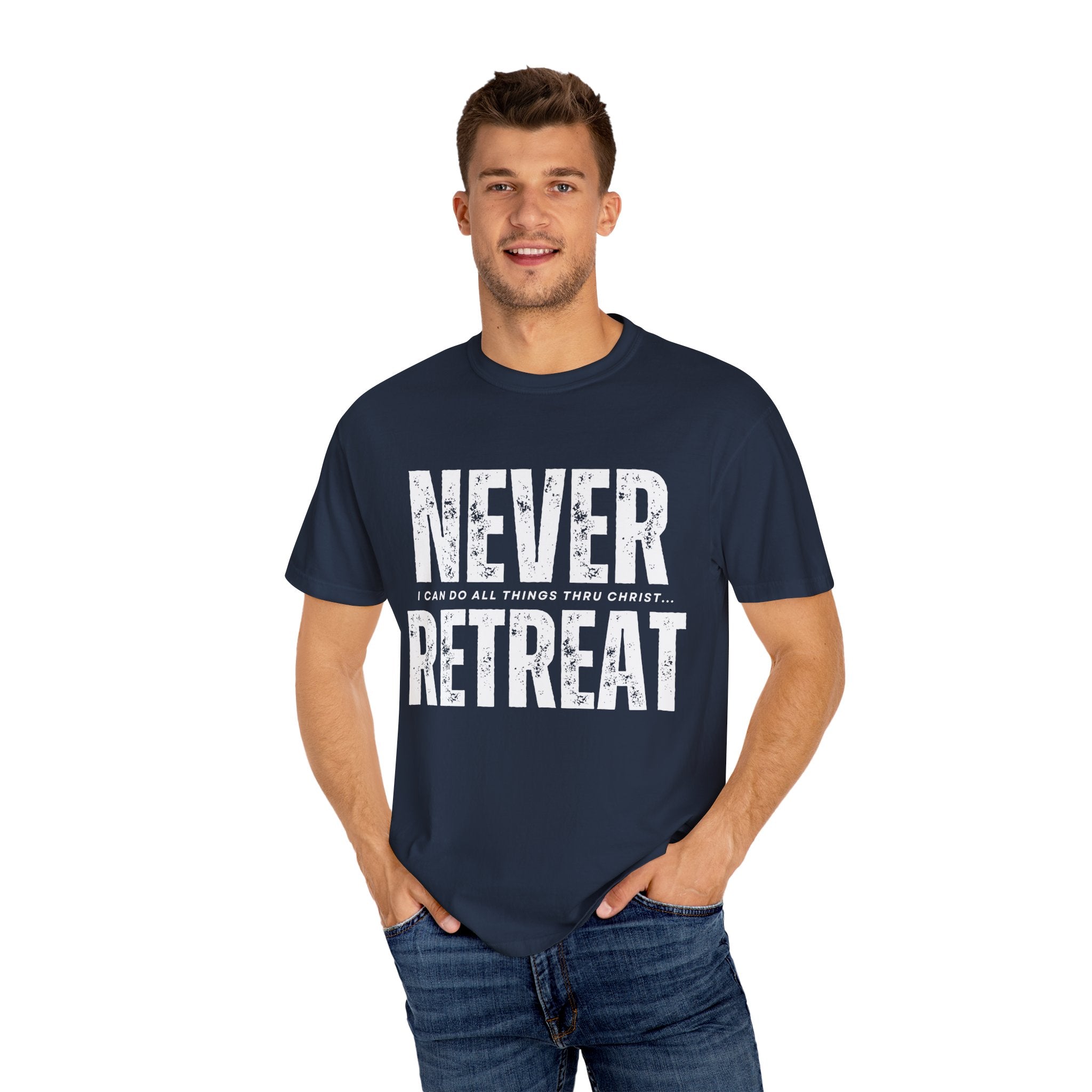 Collection of Never Retreat Shirt for Everyday Wear, Stylish Graphic Tee, Perfect for Gifts, Summer Outfits, Celebrations in a gallery layout