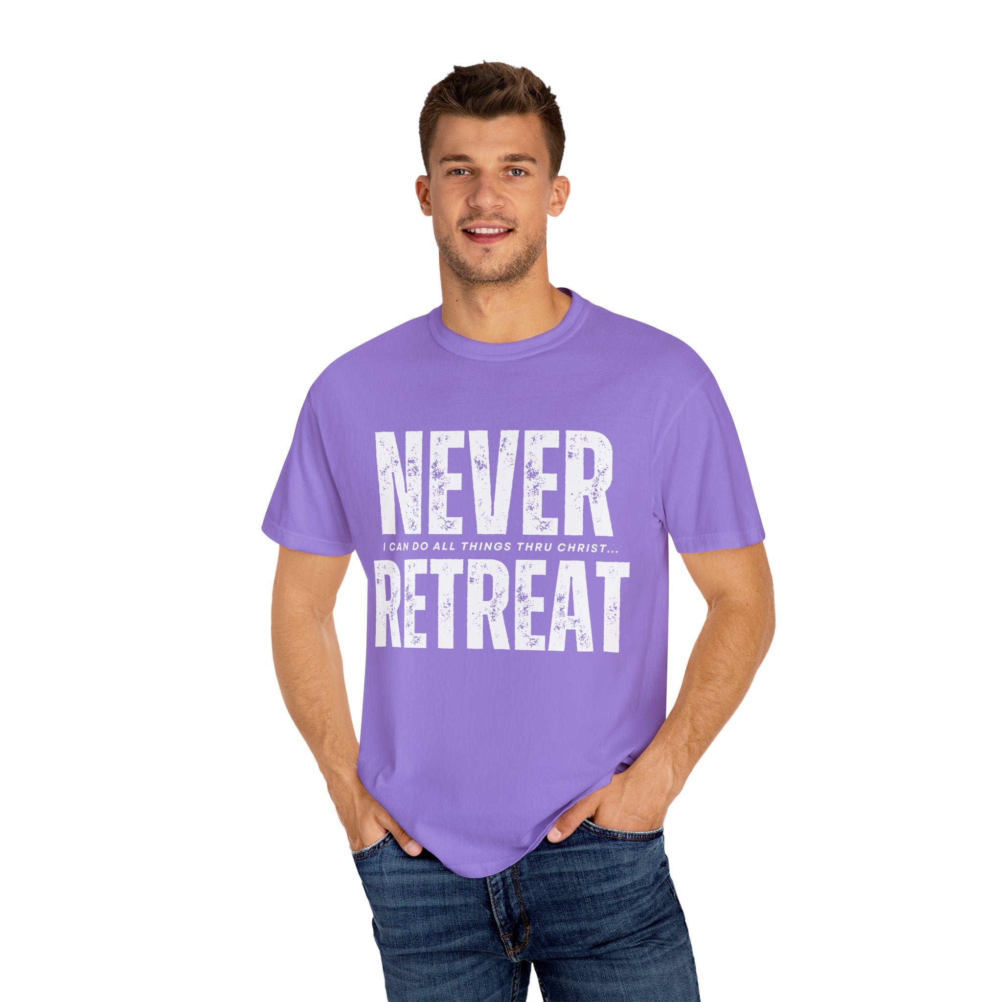 Collection of Never Retreat Shirt for Everyday Wear, Stylish Graphic Tee, Perfect for Gifts, Summer Outfits, Celebrations in a gallery layout