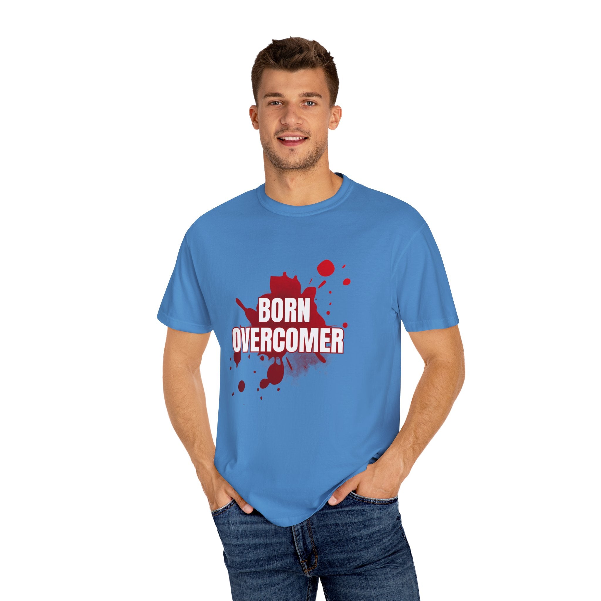 Collection of Born Overcomer Unisex Garment-Dyed T-shirt - Inspirational Tee for Motivated Individuals in a gallery layout