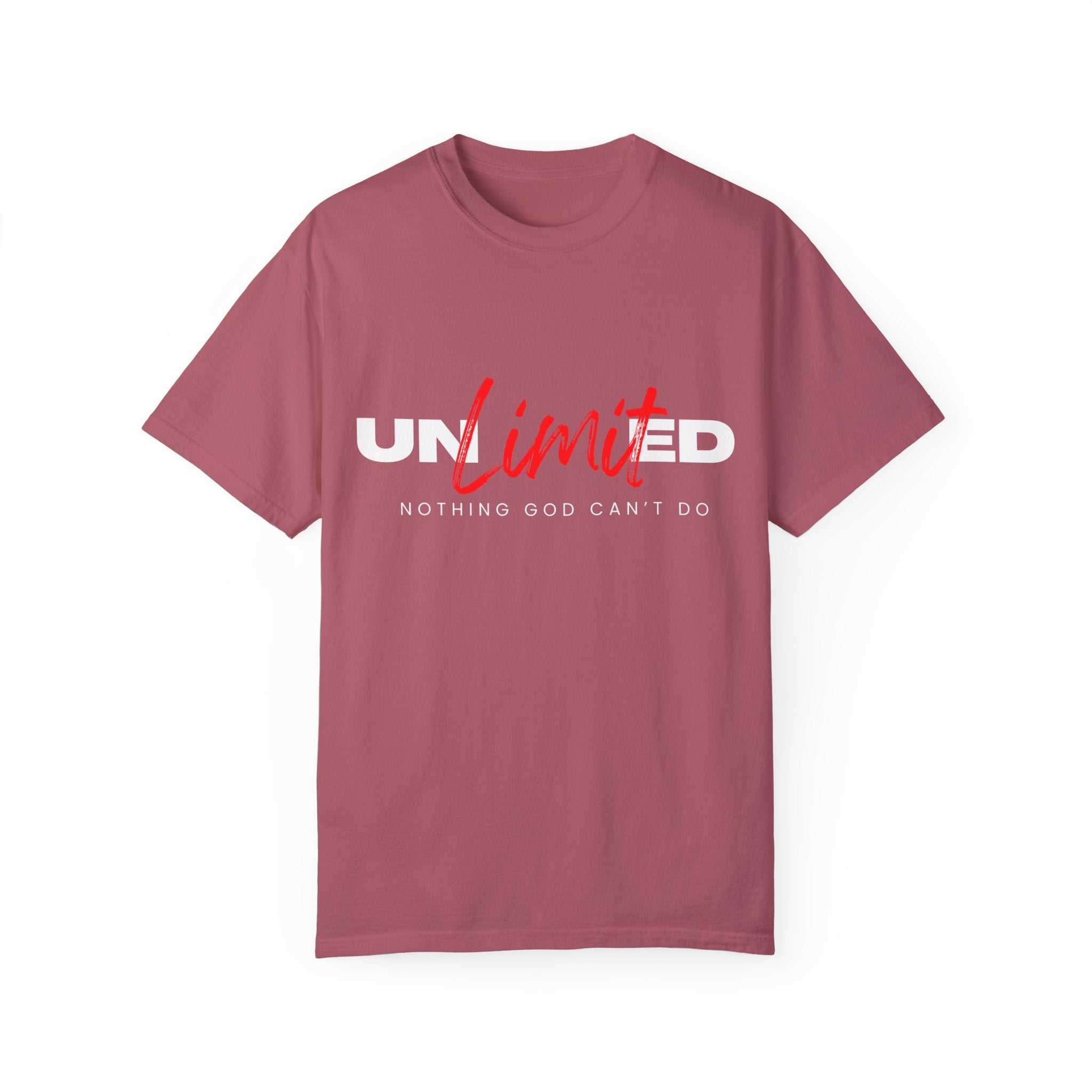 Collection of Unisex Garment-Dyed T-Shirt - "UNLIMITED: Nothing God Can’t Do" Inspirational Tee in a gallery layout