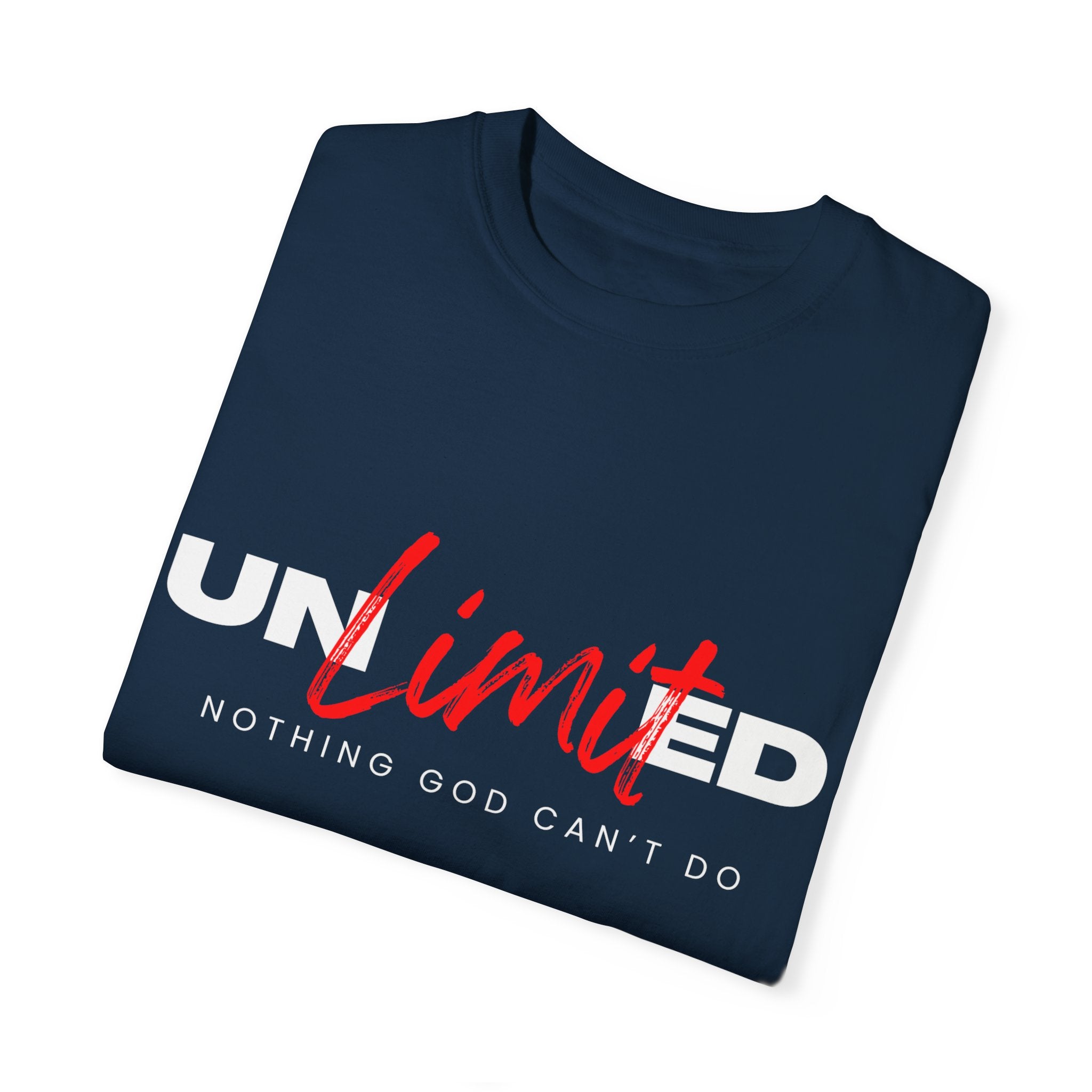 Collection of Unisex Garment-Dyed T-Shirt - "UNLIMITED: Nothing God Can’t Do" Inspirational Tee in a gallery layout