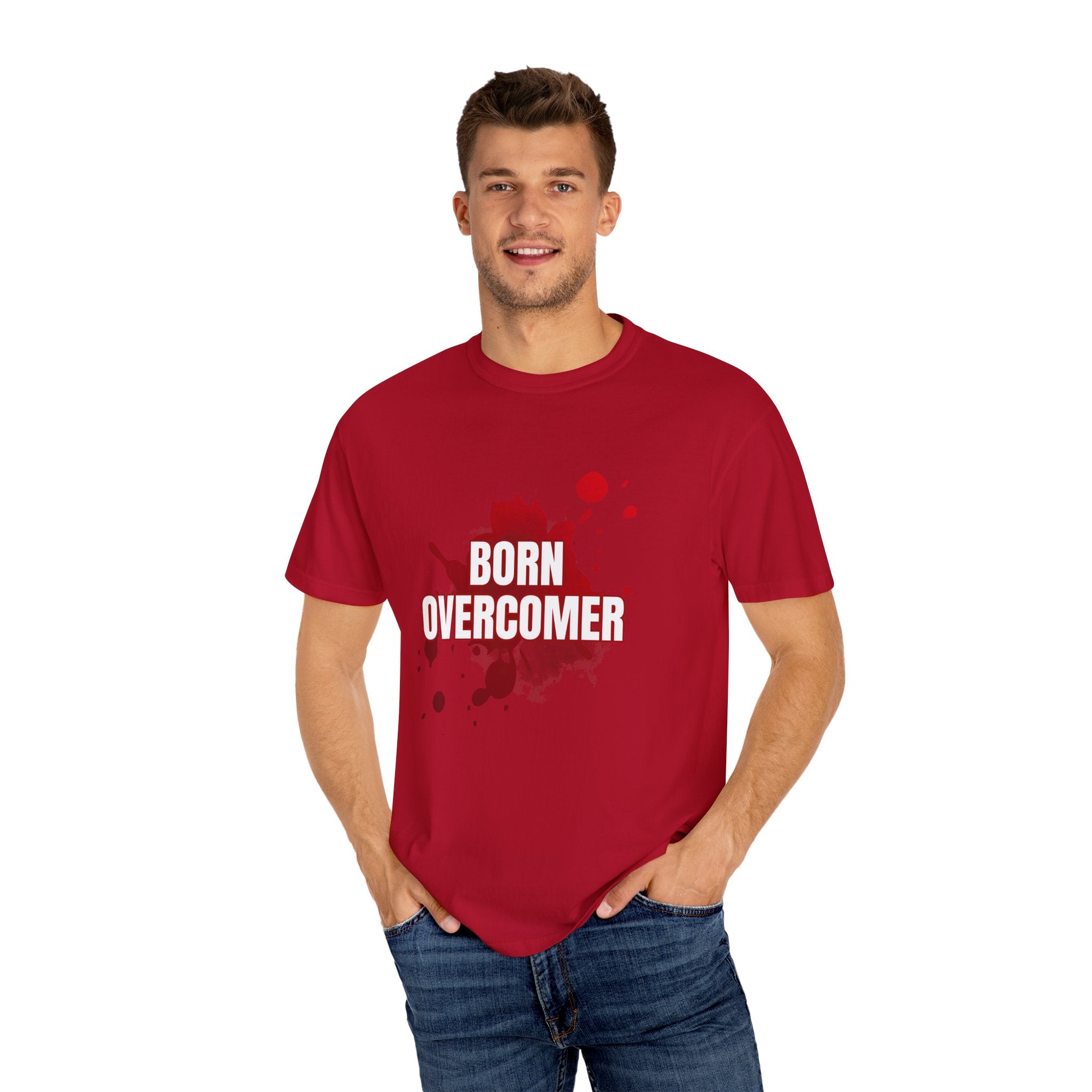 Collection of Born Overcomer Unisex Garment-Dyed T-shirt - Inspirational Tee for Motivated Individuals in a gallery layout