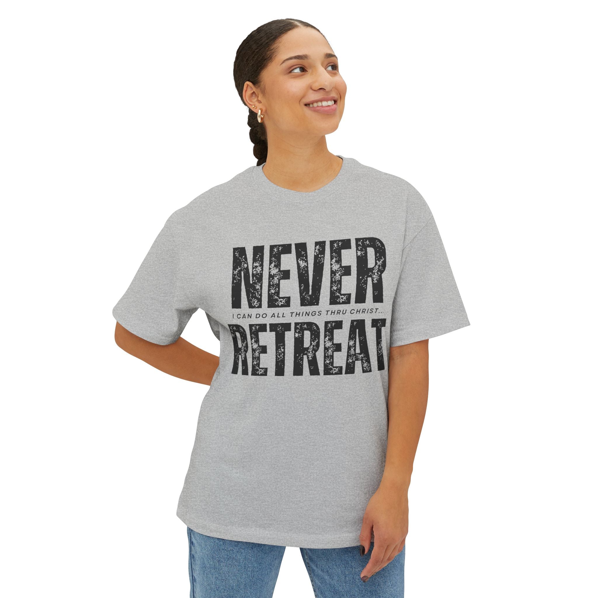 Collection of Motivational Oversized Tee - Never Retreat, Comfort Shirt, Casual Wear, Inspirational Gift, Unisex T-Shirt, Relaxed Fit in a gallery layout