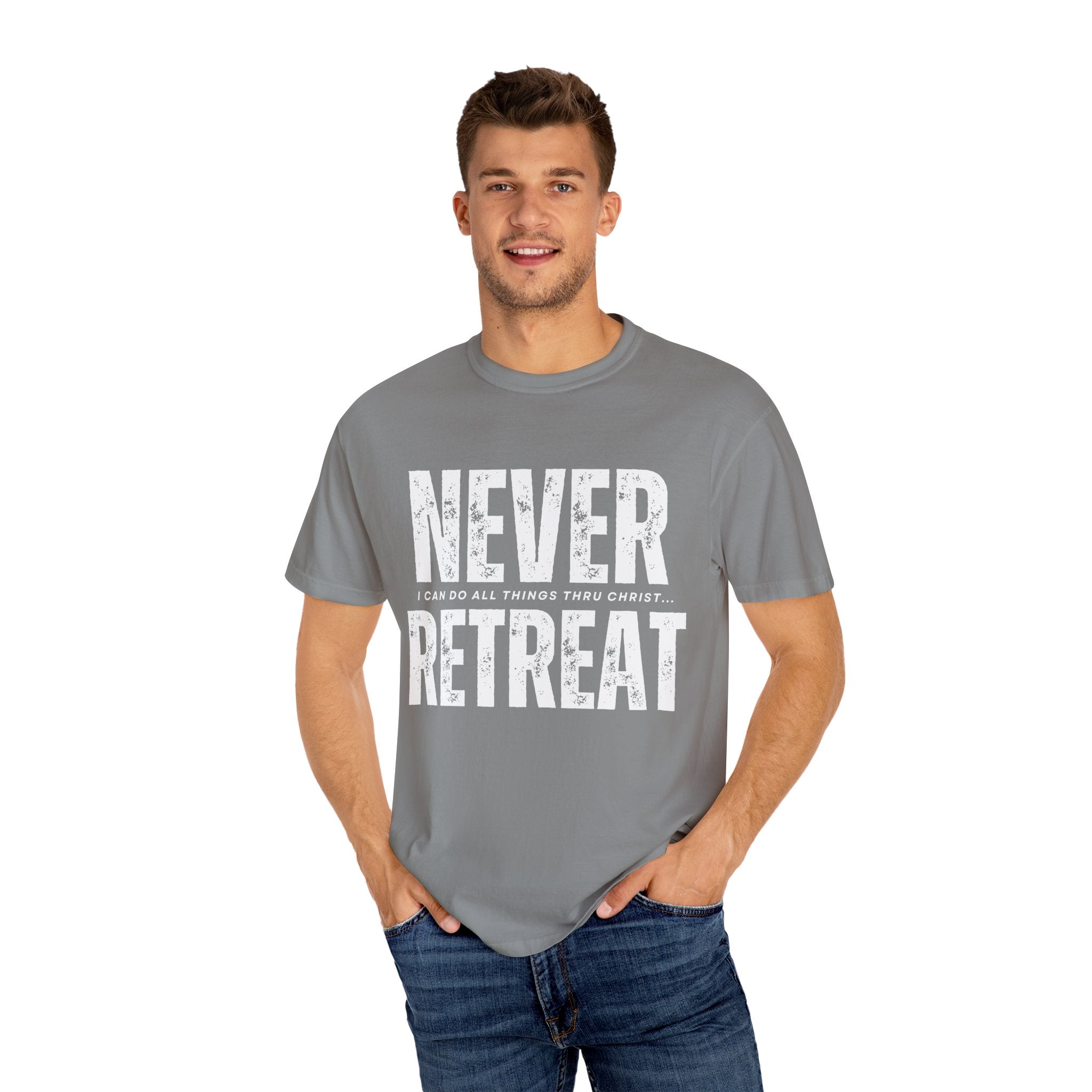 Collection of Never Retreat Shirt for Everyday Wear, Stylish Graphic Tee, Perfect for Gifts, Summer Outfits, Celebrations in a gallery layout