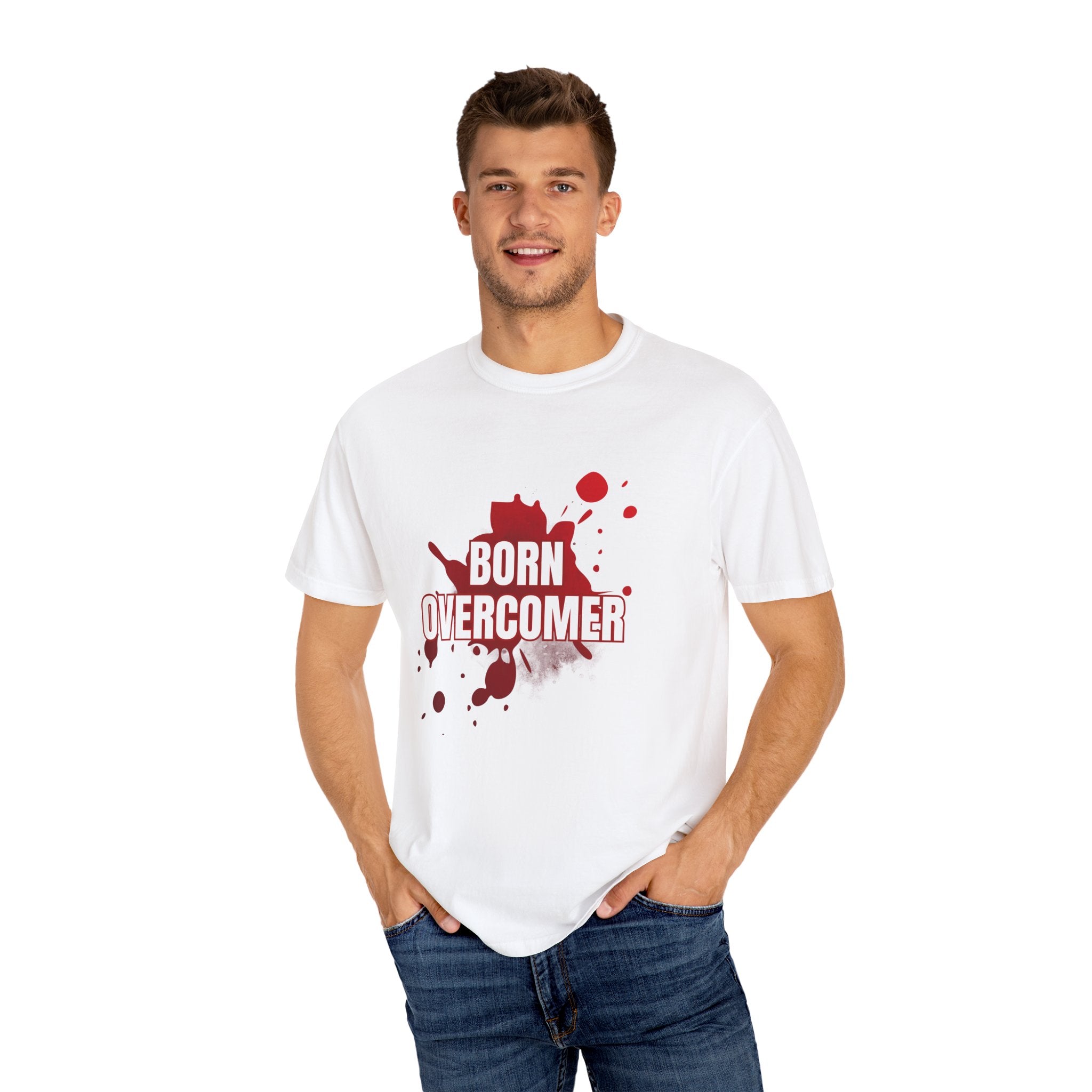 Collection of Born Overcomer Unisex Garment-Dyed T-shirt - Inspirational Tee for Motivated Individuals in a gallery layout