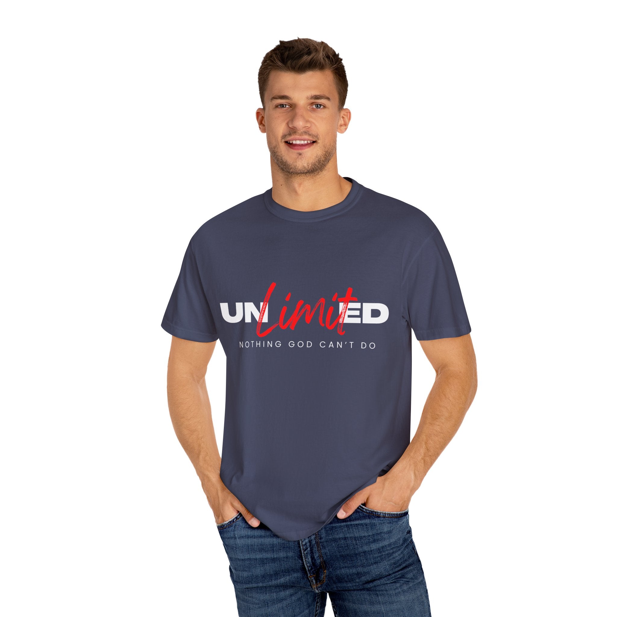 Collection of Unisex Garment-Dyed T-Shirt - "UNLIMITED: Nothing God Can’t Do" Inspirational Tee in a gallery layout