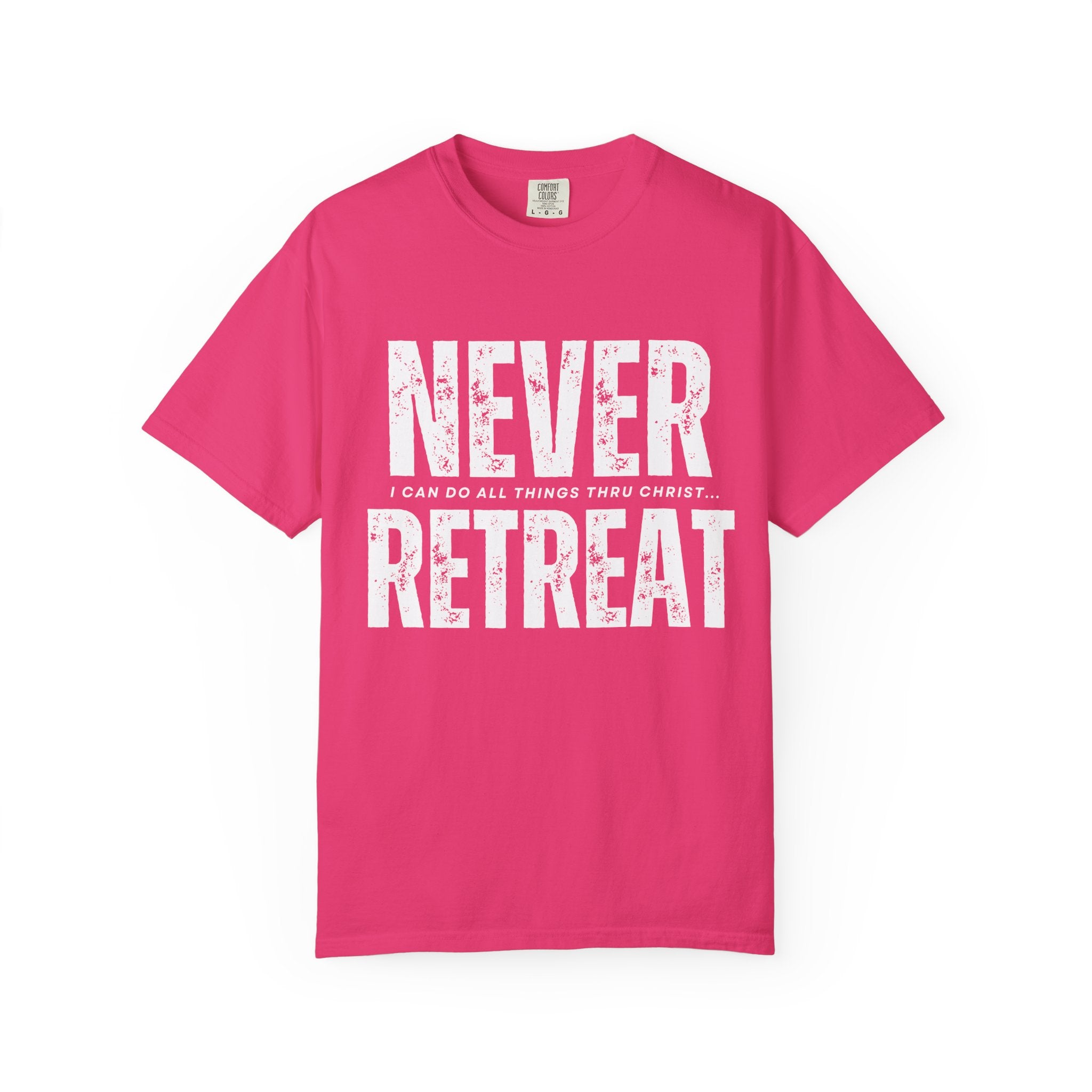 Collection of Never Retreat Shirt for Everyday Wear, Stylish Graphic Tee, Perfect for Gifts, Summer Outfits, Celebrations in a gallery layout