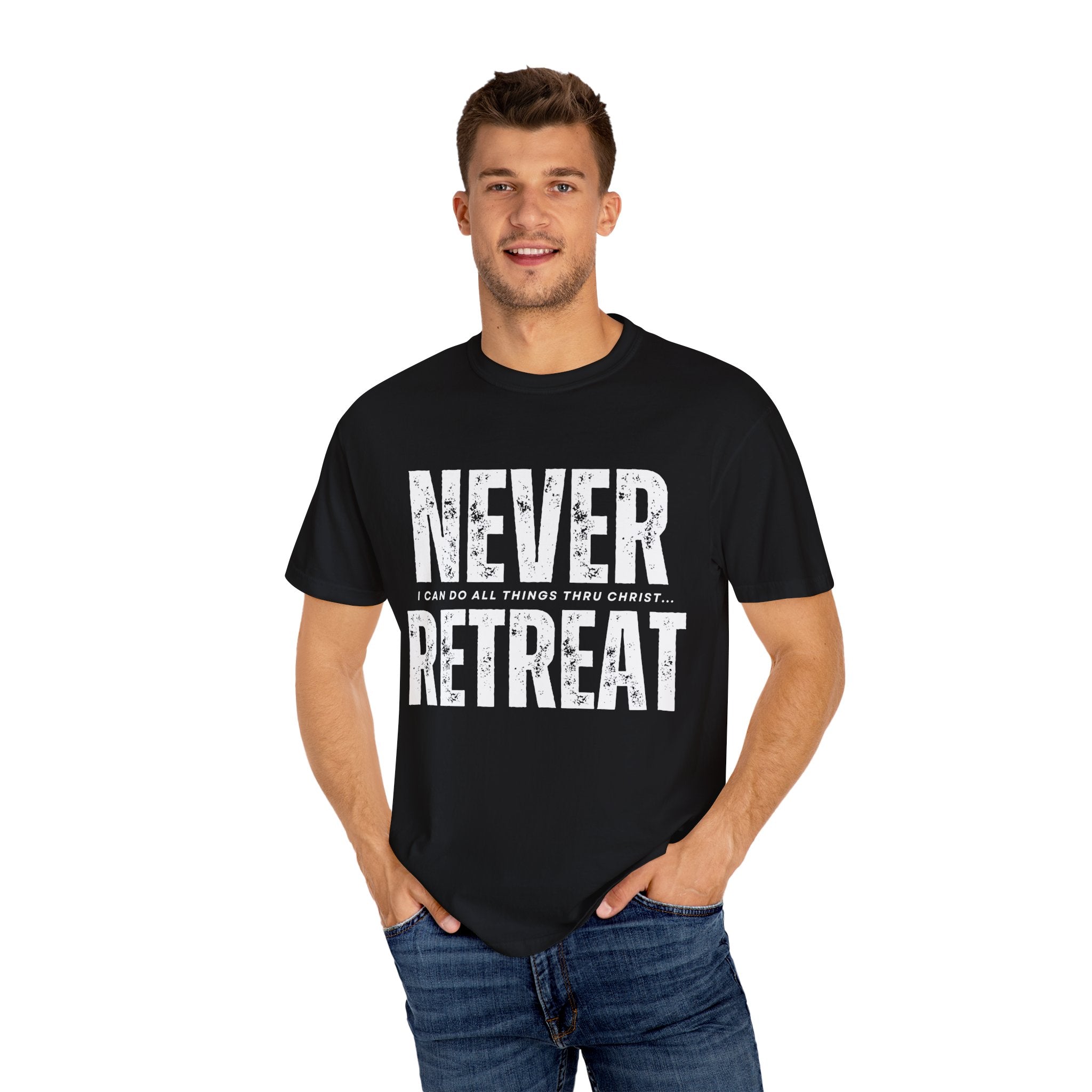 Collection of Never Retreat Shirt for Everyday Wear, Stylish Graphic Tee, Perfect for Gifts, Summer Outfits, Celebrations in a gallery layout