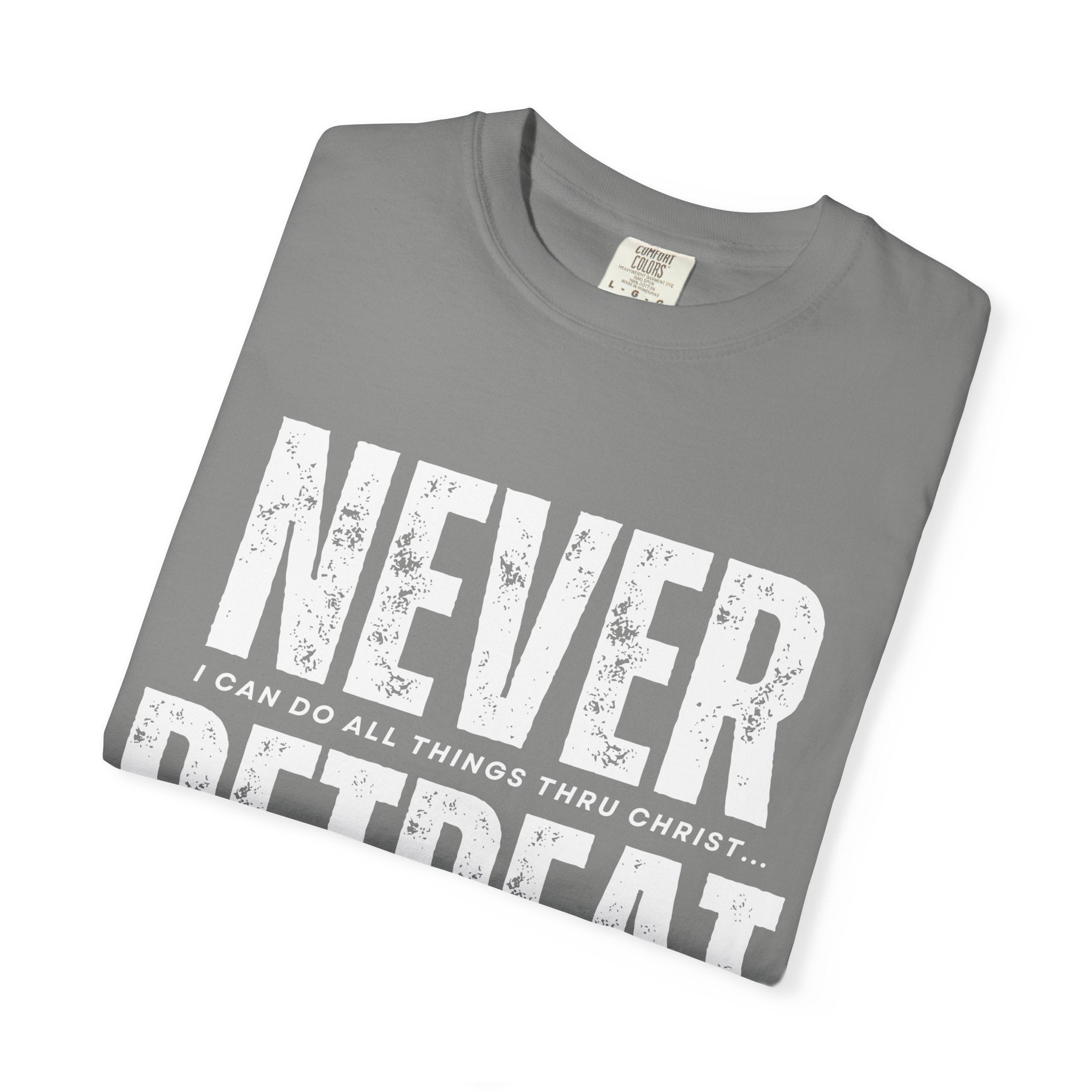 Collection of Never Retreat Shirt for Everyday Wear, Stylish Graphic Tee, Perfect for Gifts, Summer Outfits, Celebrations in a gallery layout