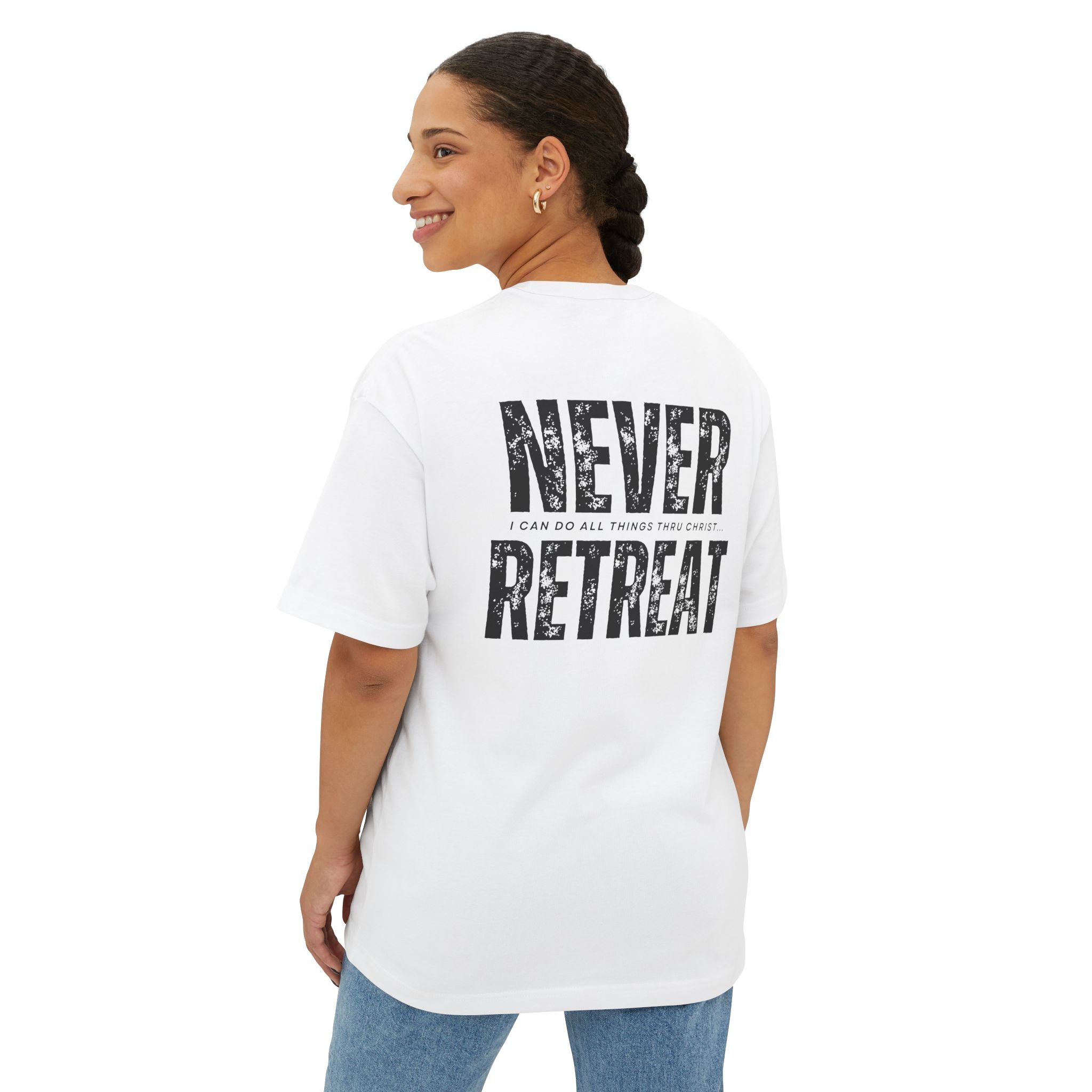 Collection of Motivational Oversized Tee - Never Retreat, Comfort Shirt, Casual Wear, Inspirational Gift, Unisex T-Shirt, Relaxed Fit in a gallery layout
