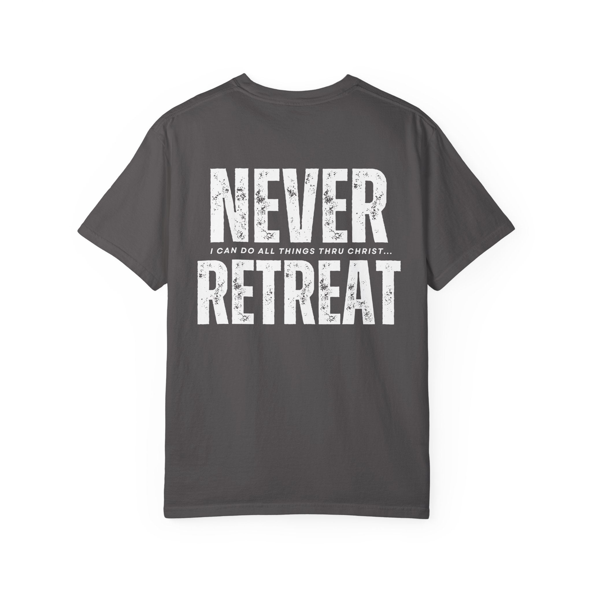 Collection of Never Retreat Shirt for Everyday Wear, Stylish Graphic Tee, Perfect for Gifts, Summer Outfits, Celebrations in a gallery layout