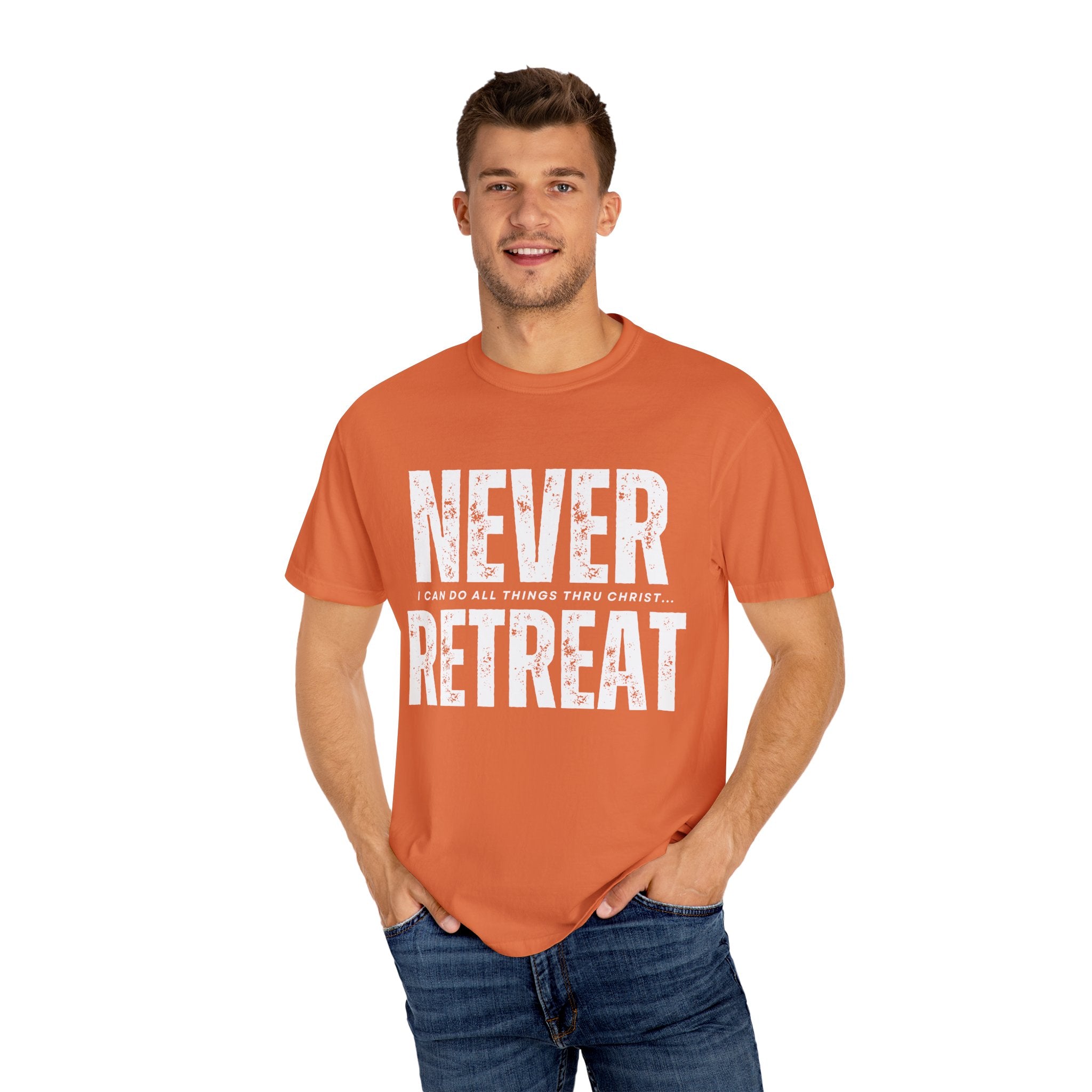 Collection of Never Retreat Shirt for Everyday Wear, Stylish Graphic Tee, Perfect for Gifts, Summer Outfits, Celebrations in a gallery layout