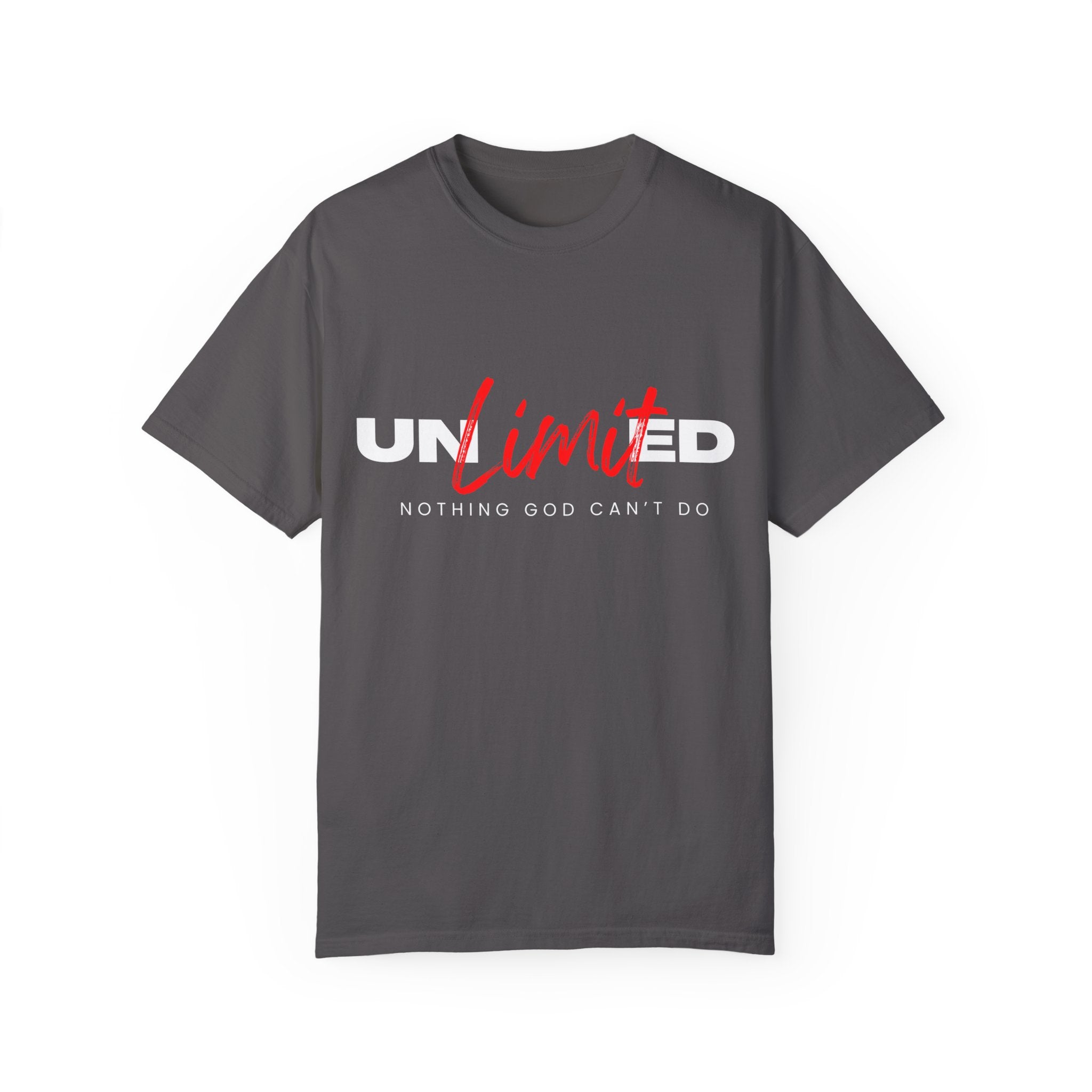 Collection of Unisex Garment-Dyed T-Shirt - "UNLIMITED: Nothing God Can’t Do" Inspirational Tee in a gallery layout