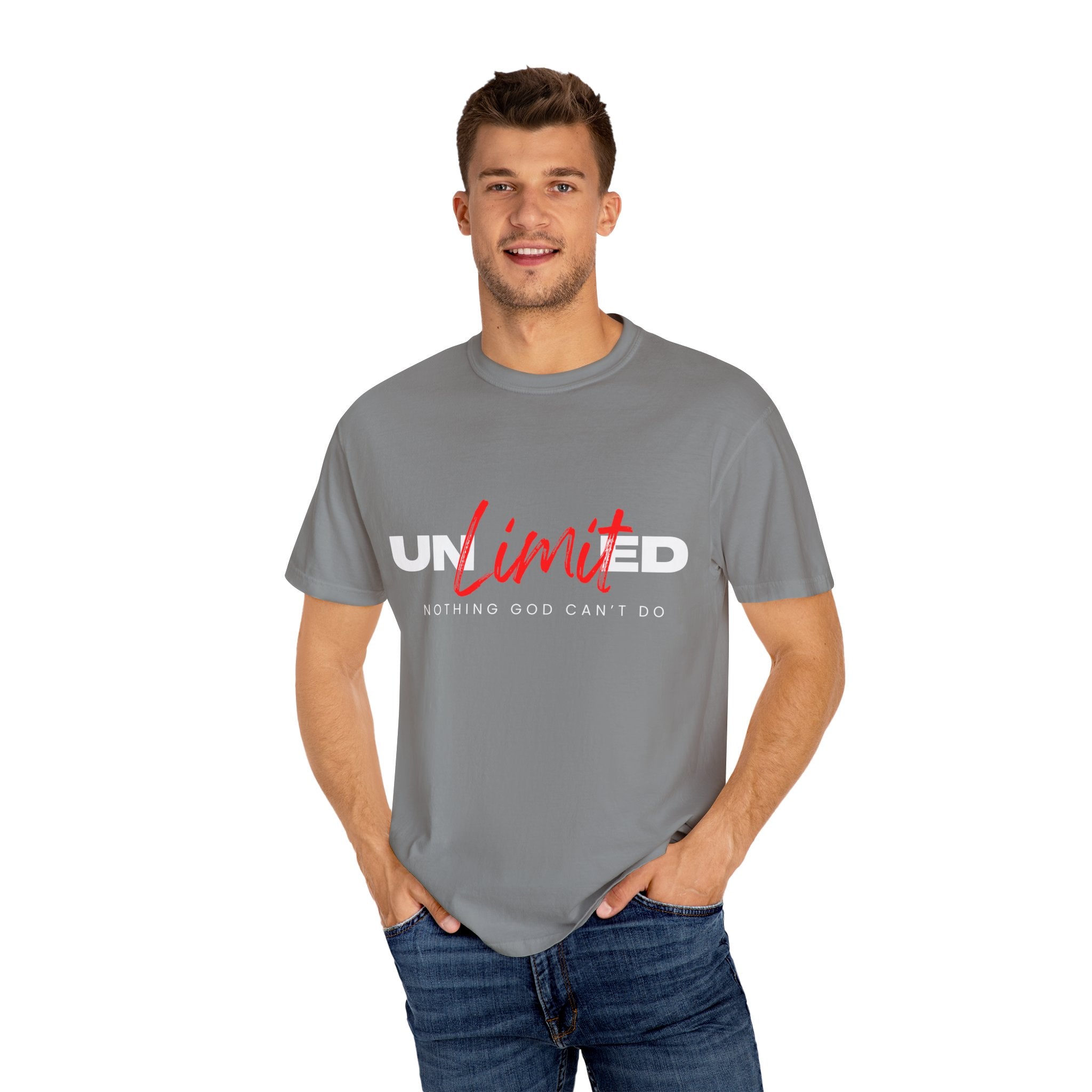 Collection of Unisex Garment-Dyed T-Shirt - "UNLIMITED: Nothing God Can’t Do" Inspirational Tee in a gallery layout