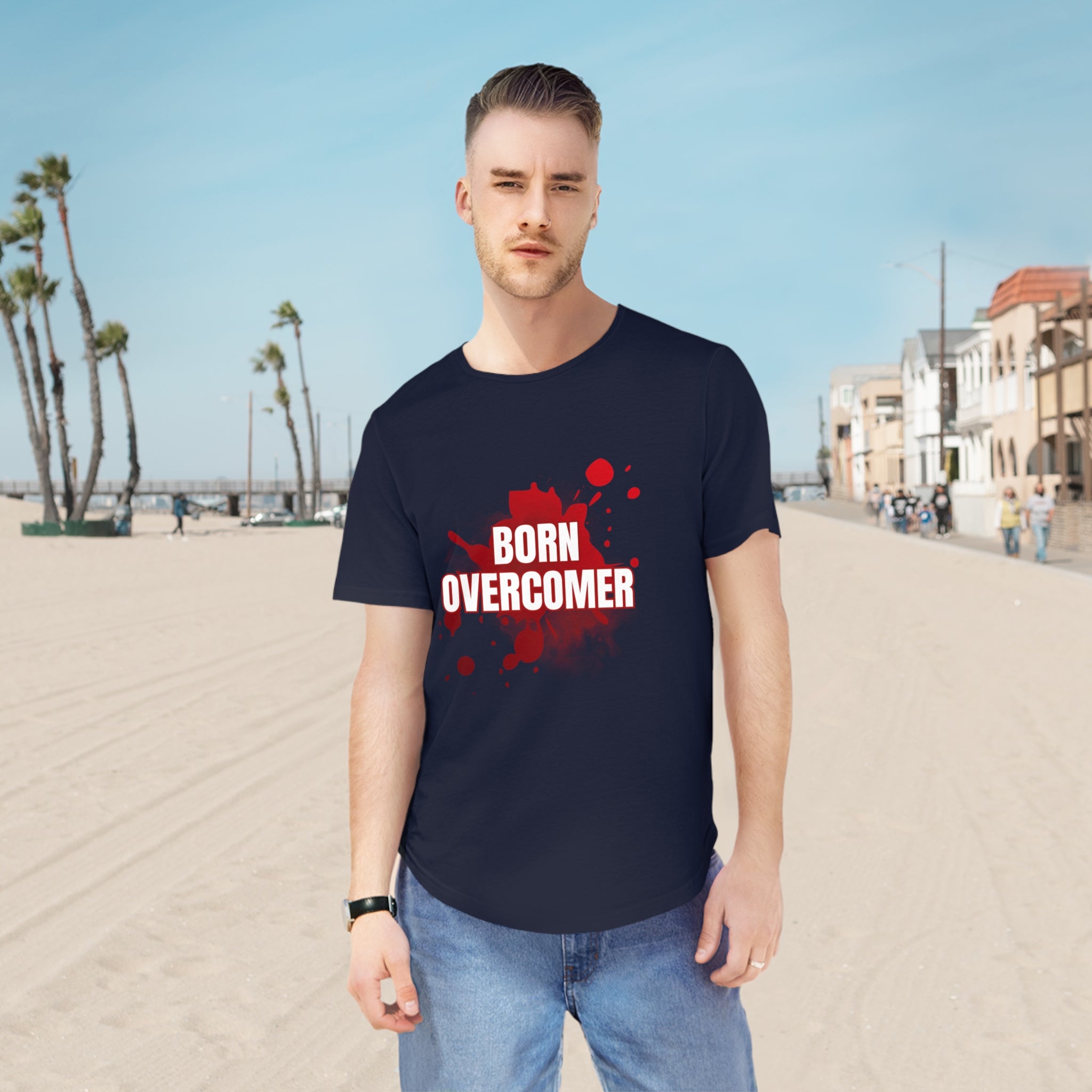 Collection of Born Overcomer Men's Jersey Curved Hem Tee - Inspirational Graphic Tee in a gallery layout