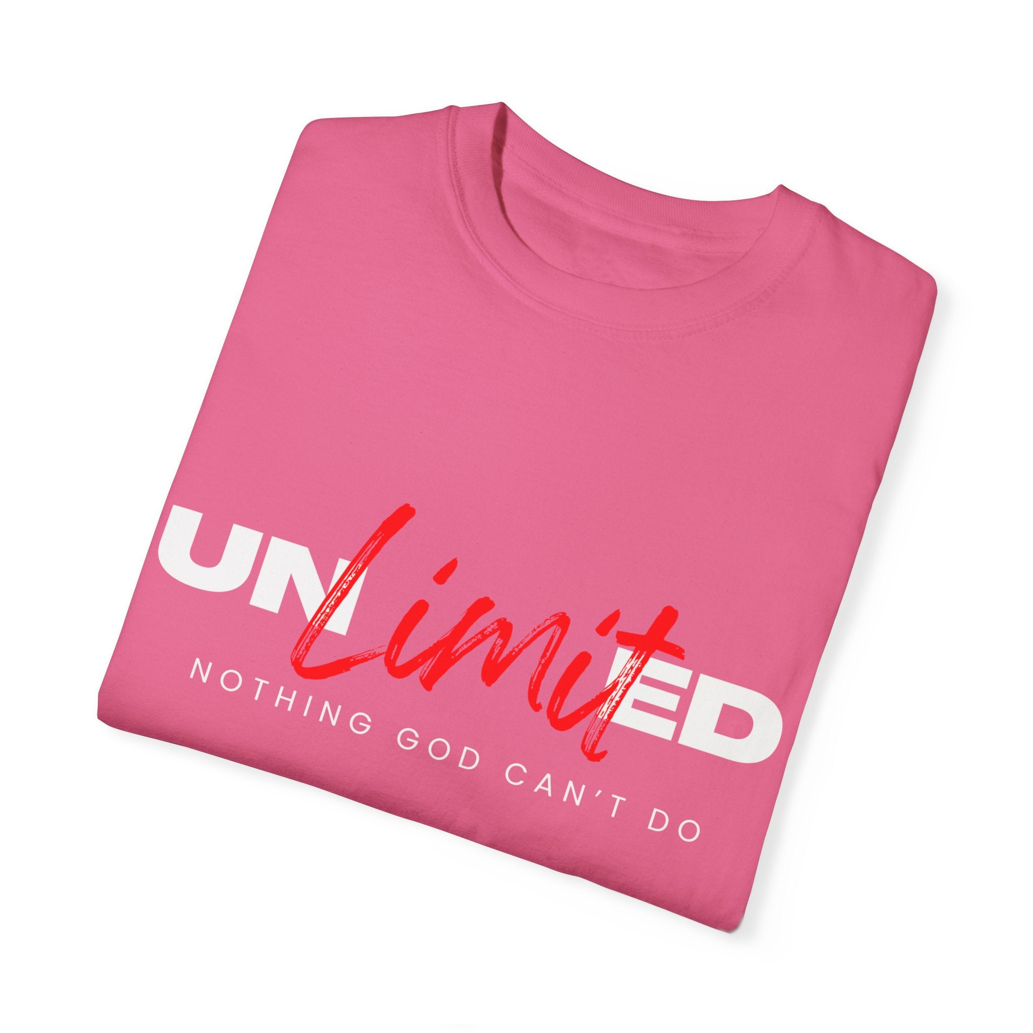 Collection of Unisex Garment-Dyed T-Shirt - "UNLIMITED: Nothing God Can’t Do" Inspirational Tee in a gallery layout