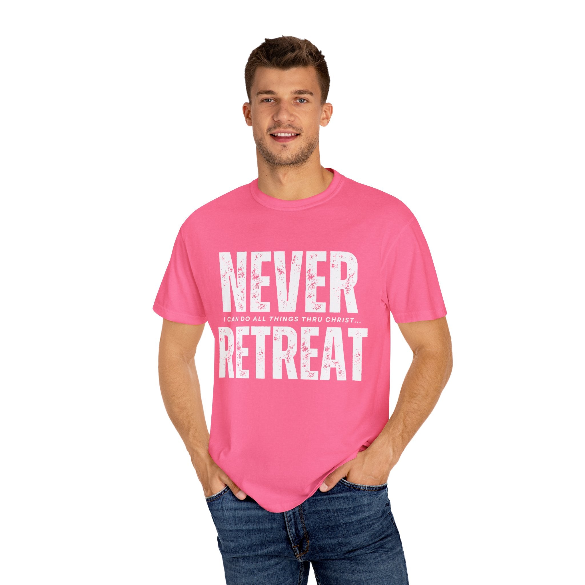 Collection of Never Retreat Shirt for Everyday Wear, Stylish Graphic Tee, Perfect for Gifts, Summer Outfits, Celebrations in a gallery layout