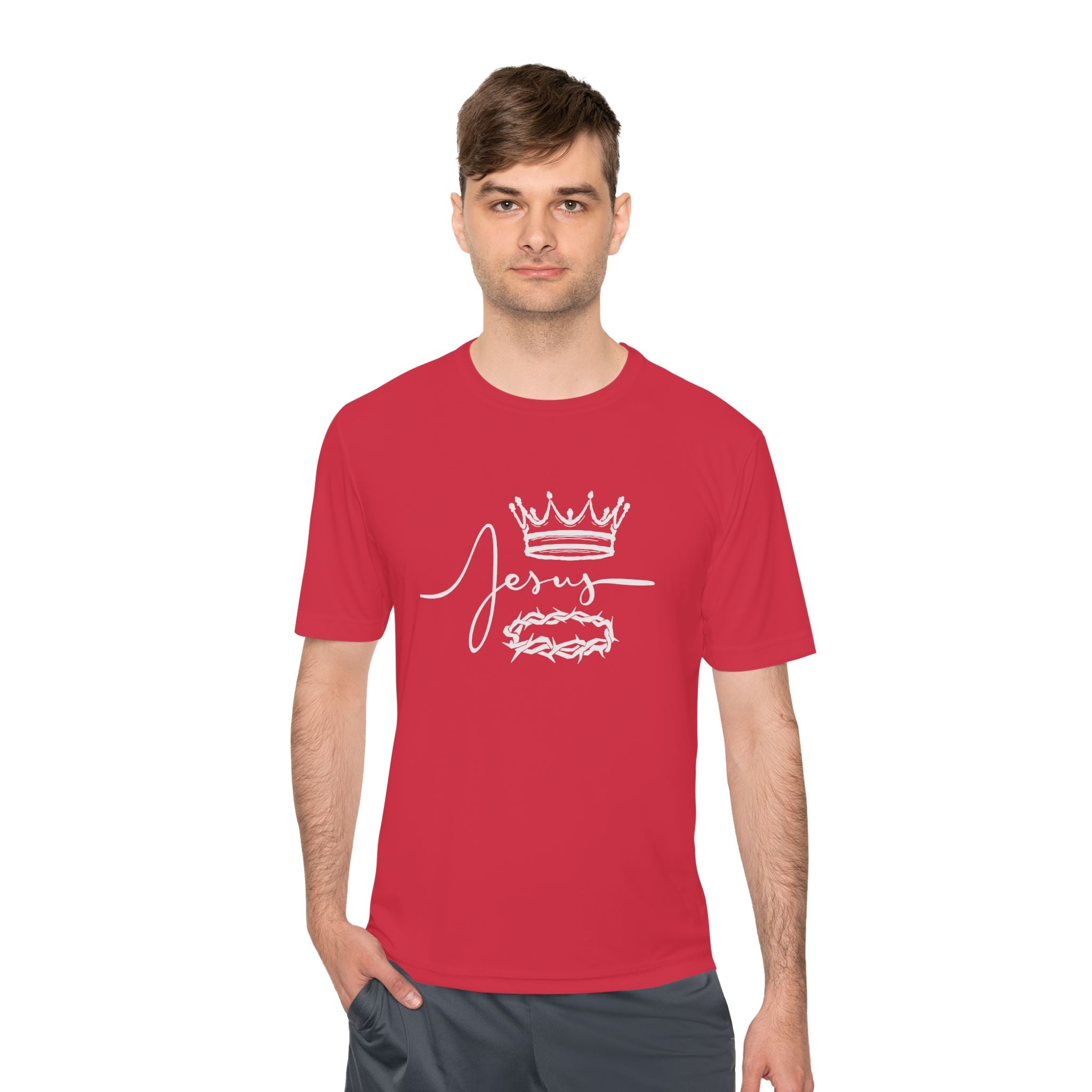 Collection of Faith-Inspired Unisex Moisture Wicking Tee - 'Jesus' Crown Design in a gallery layout