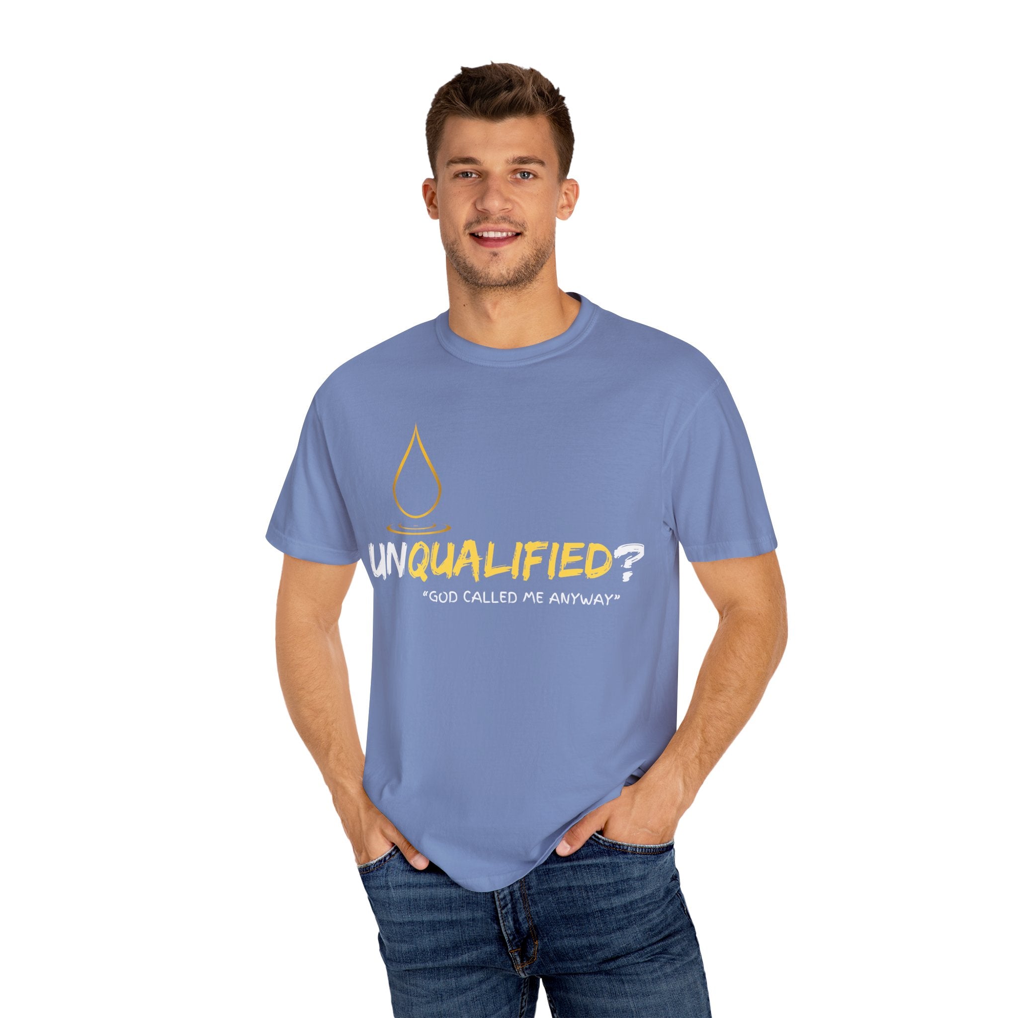 Collection of Unisex Garment-Dyed T-Shirt - 'Unqualified? God Called Me Anyway' Inspirational Tee in a gallery layout