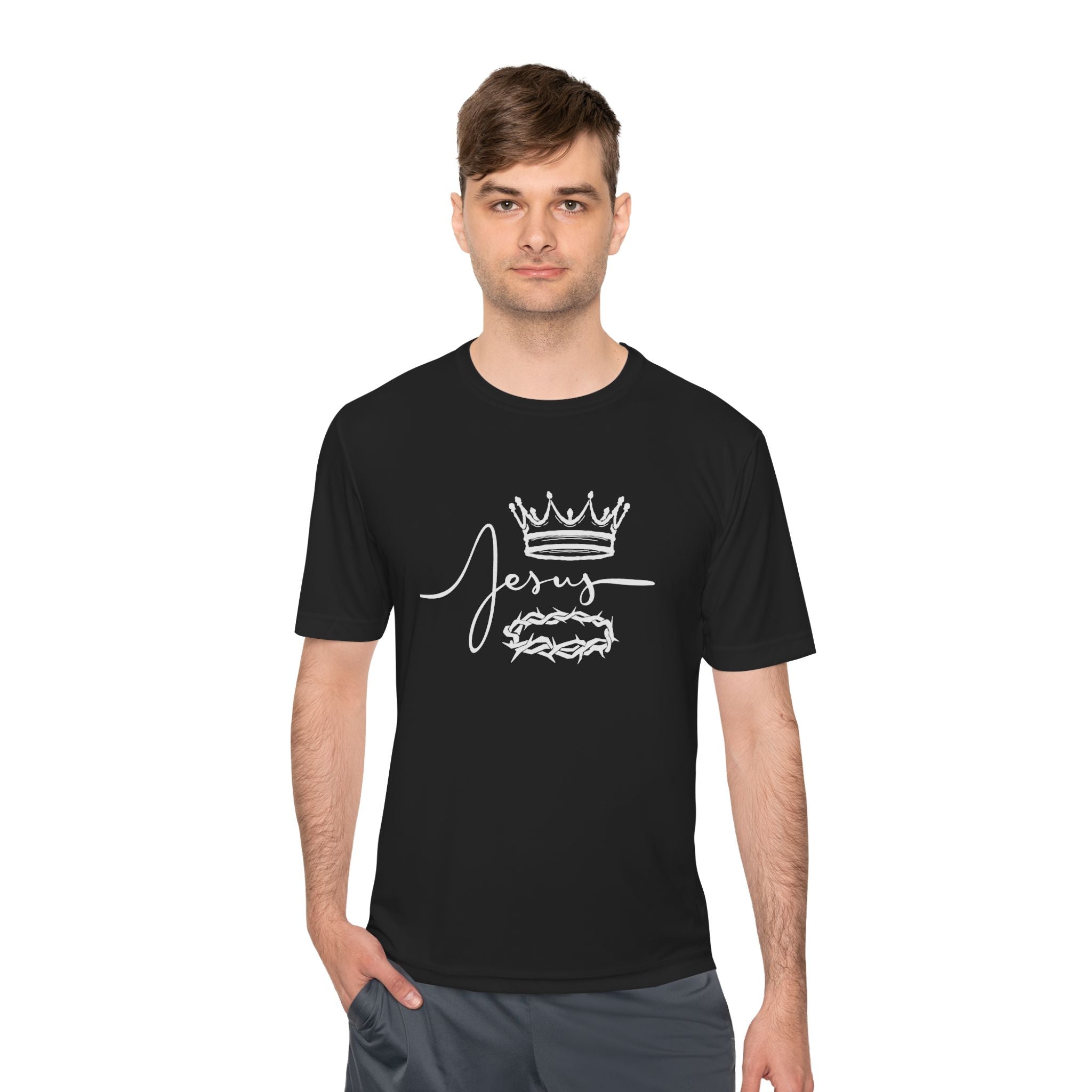 Collection of Faith-Inspired Unisex Moisture Wicking Tee - 'Jesus' Crown Design in a gallery layout