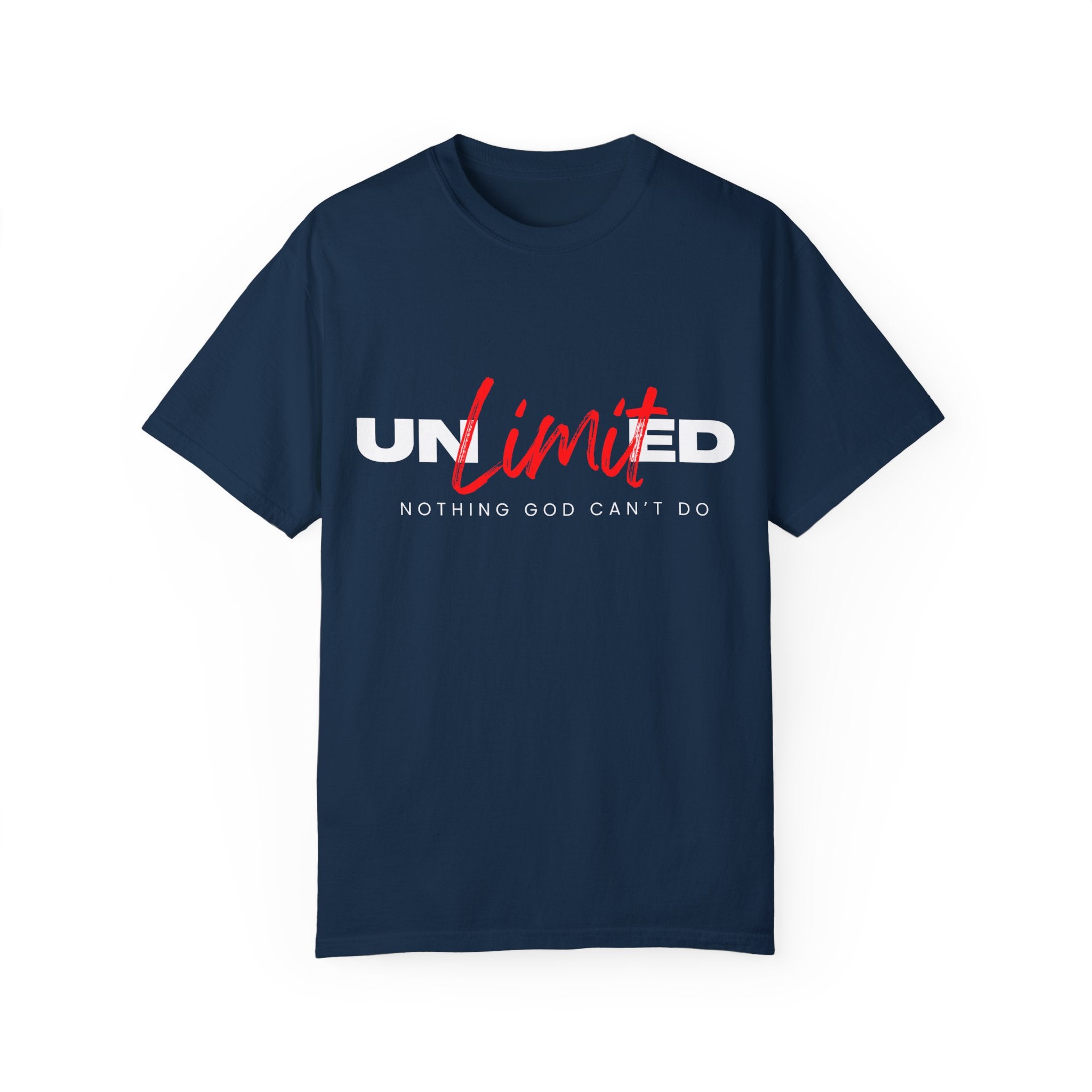 Collection of Unisex Garment-Dyed T-Shirt - "UNLIMITED: Nothing God Can’t Do" Inspirational Tee in a gallery layout