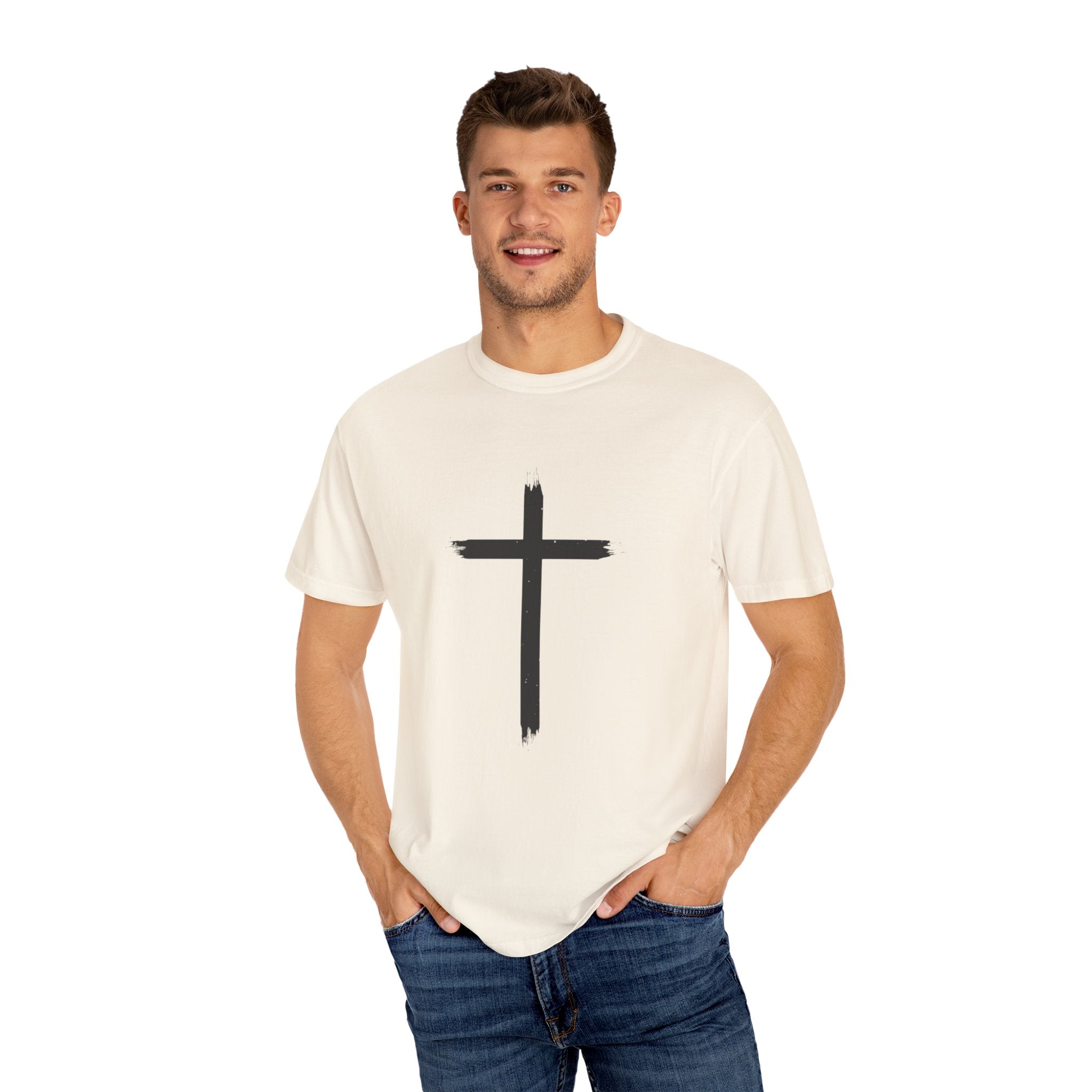 Collection of Unisex Garment-Dyed T-Shirt with Cross Design - Faith-Inspired Apparel in a gallery layout
