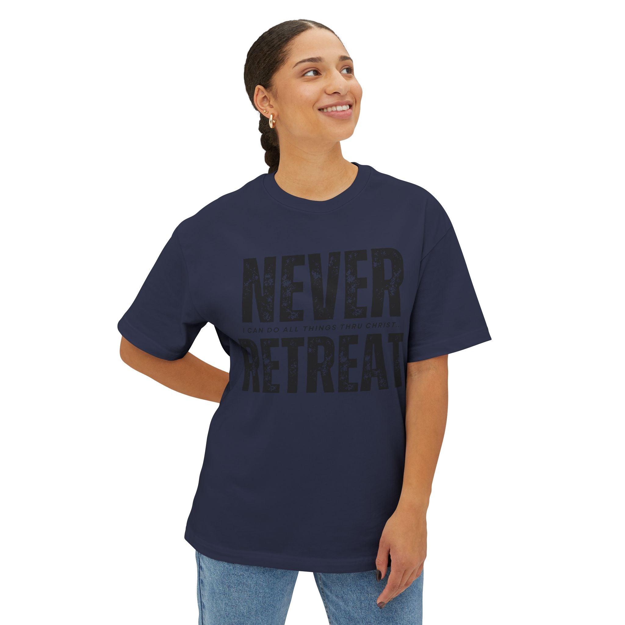 Collection of Motivational Oversized Tee - Never Retreat, Comfort Shirt, Casual Wear, Inspirational Gift, Unisex T-Shirt, Relaxed Fit in a gallery layout