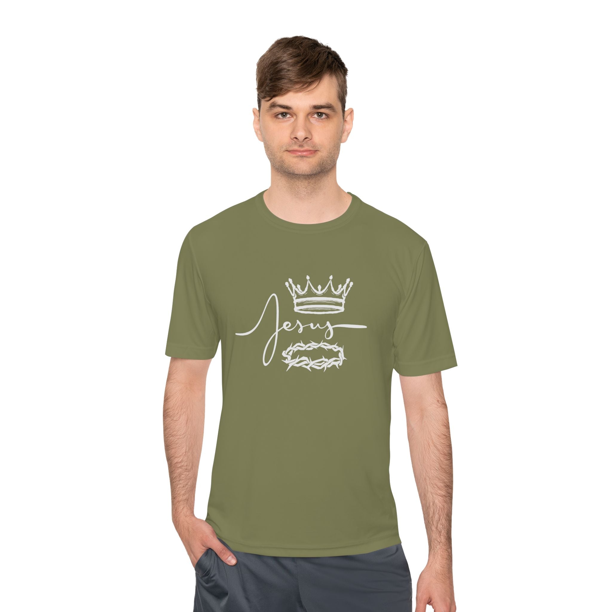 Collection of Faith-Inspired Unisex Moisture Wicking Tee - 'Jesus' Crown Design in a gallery layout