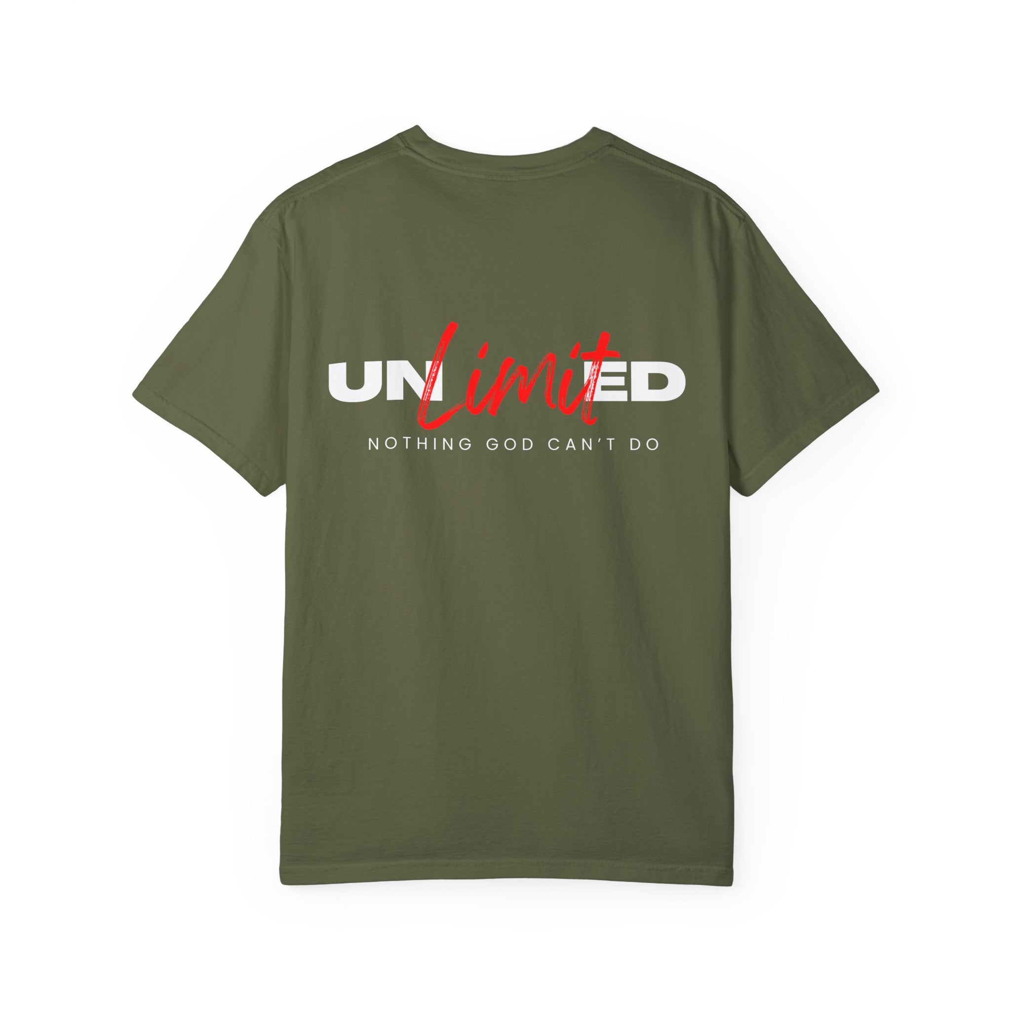 Collection of Unisex Garment-Dyed T-Shirt - "UNLIMITED: Nothing God Can’t Do" Inspirational Tee in a gallery layout