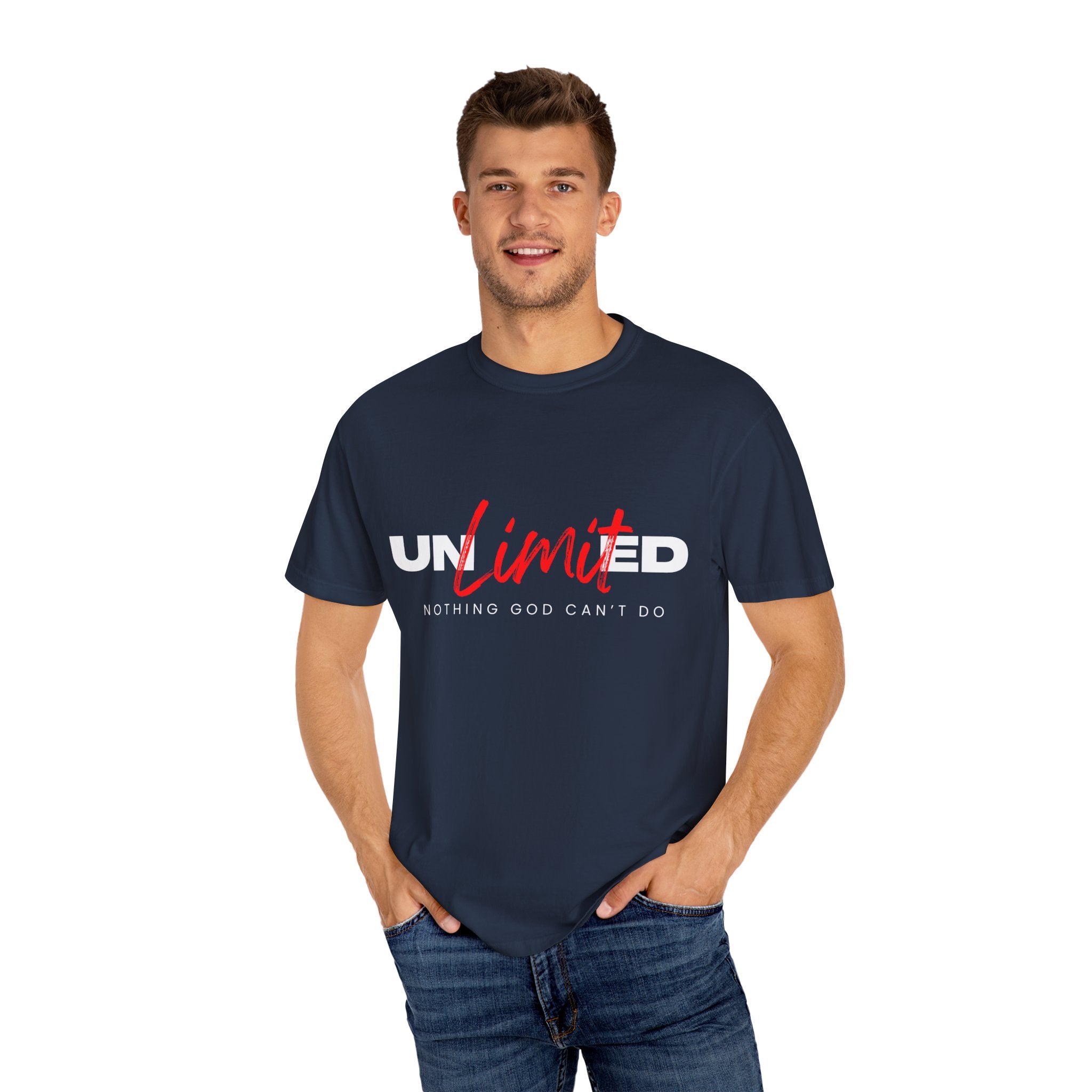 Collection of Unisex Garment-Dyed T-Shirt - "UNLIMITED: Nothing God Can’t Do" Inspirational Tee in a gallery layout