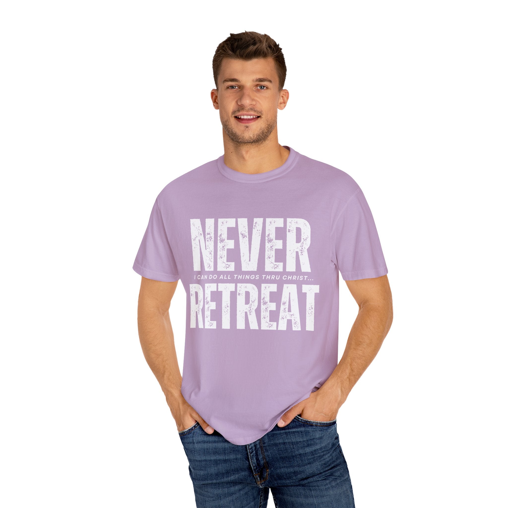 Collection of Never Retreat Shirt for Everyday Wear, Stylish Graphic Tee, Perfect for Gifts, Summer Outfits, Celebrations in a gallery layout