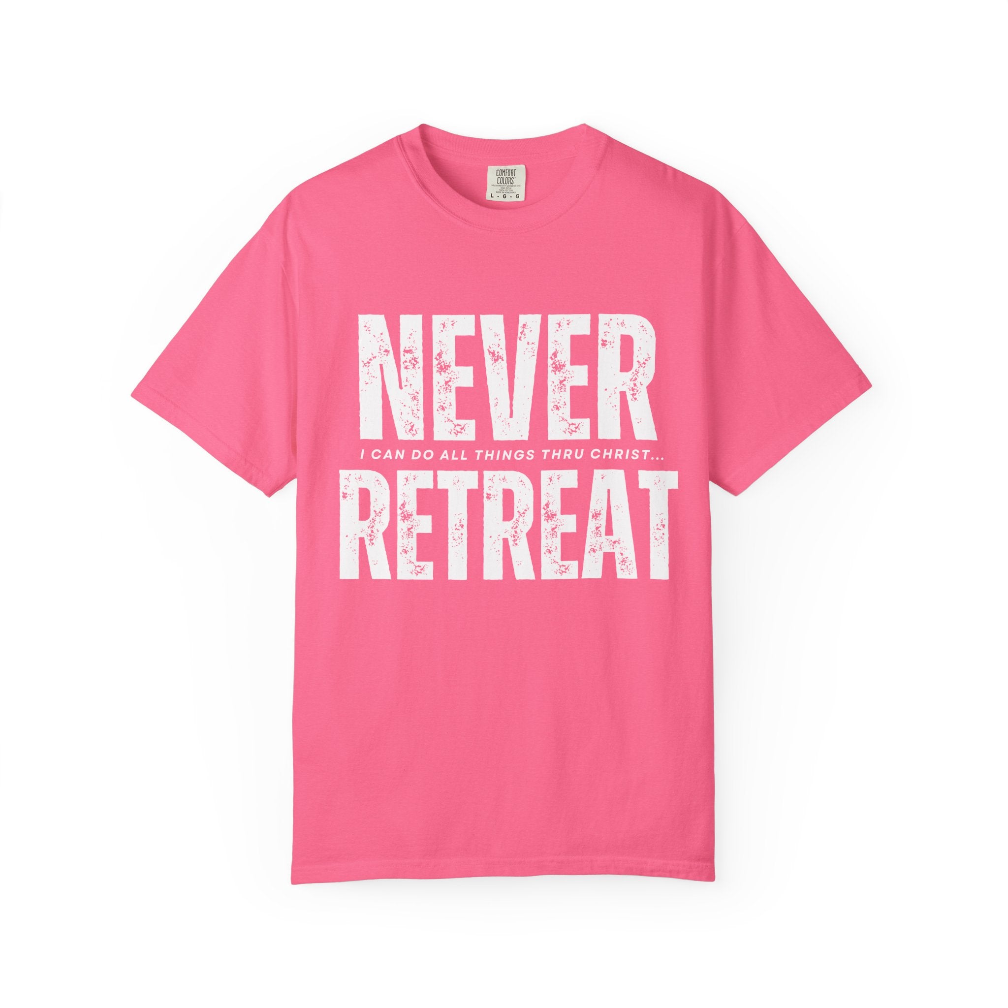 Collection of Never Retreat Shirt for Everyday Wear, Stylish Graphic Tee, Perfect for Gifts, Summer Outfits, Celebrations in a gallery layout