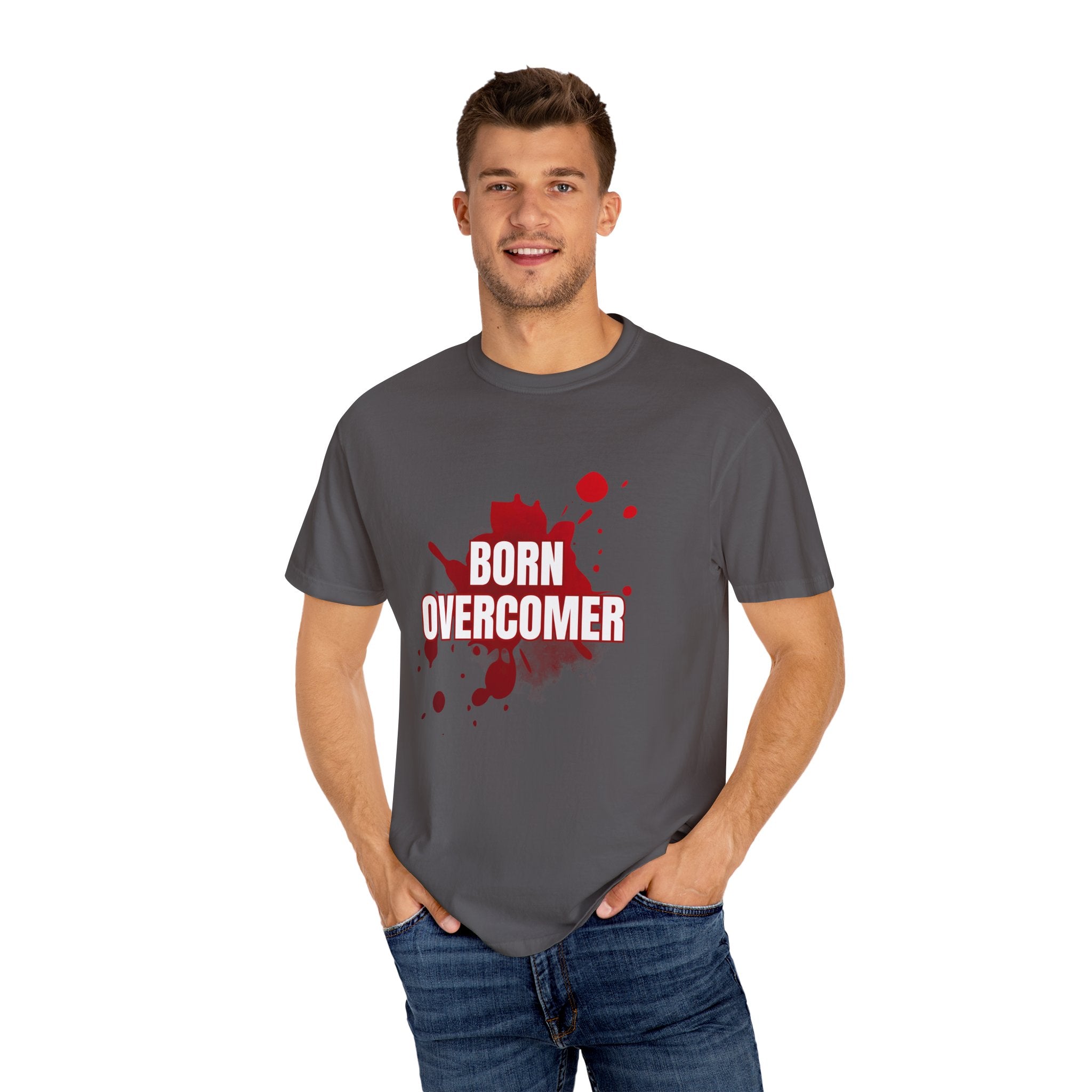 Collection of Born Overcomer Unisex Garment-Dyed T-shirt - Inspirational Tee for Motivated Individuals in a gallery layout