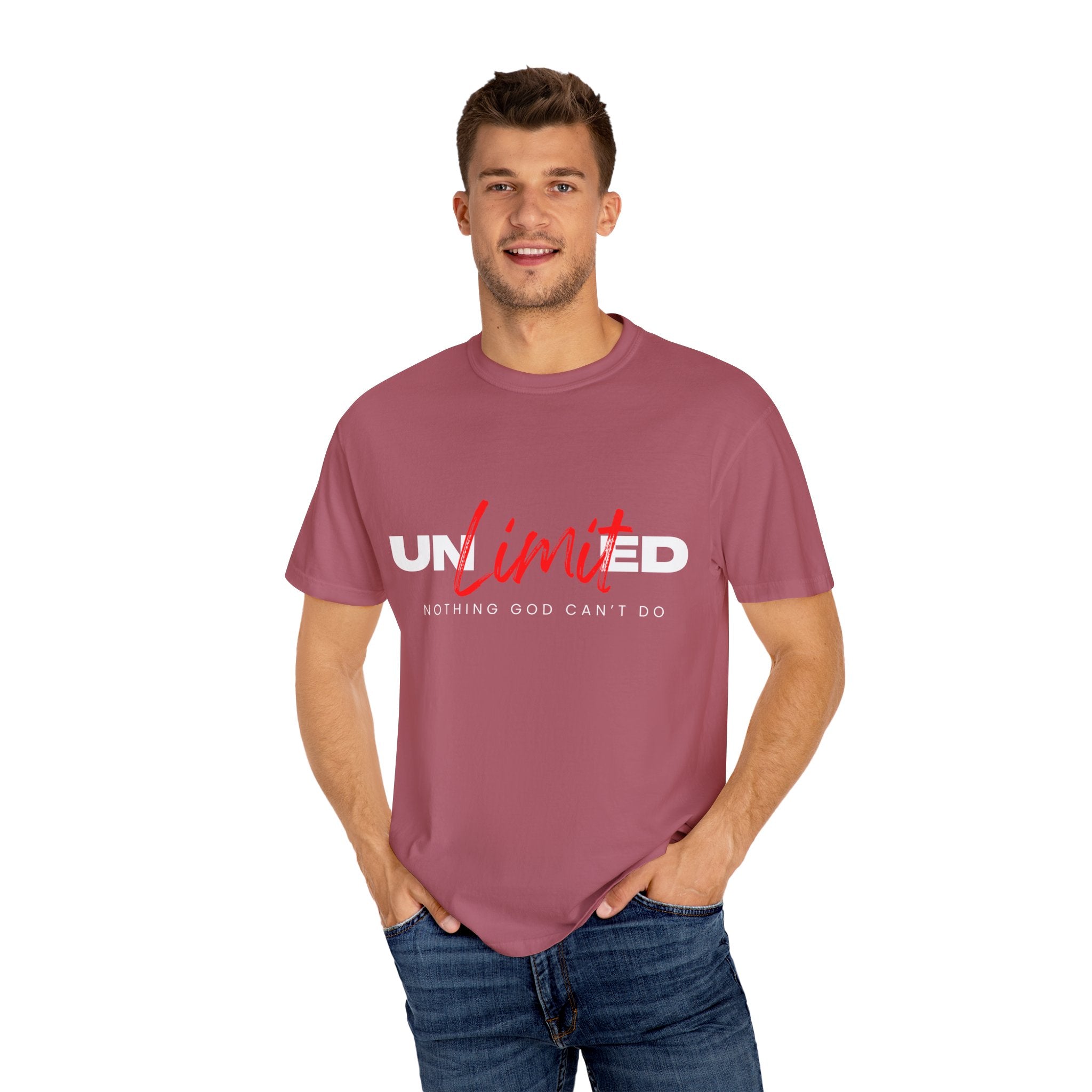 Collection of Unisex Garment-Dyed T-Shirt - "UNLIMITED: Nothing God Can’t Do" Inspirational Tee in a gallery layout