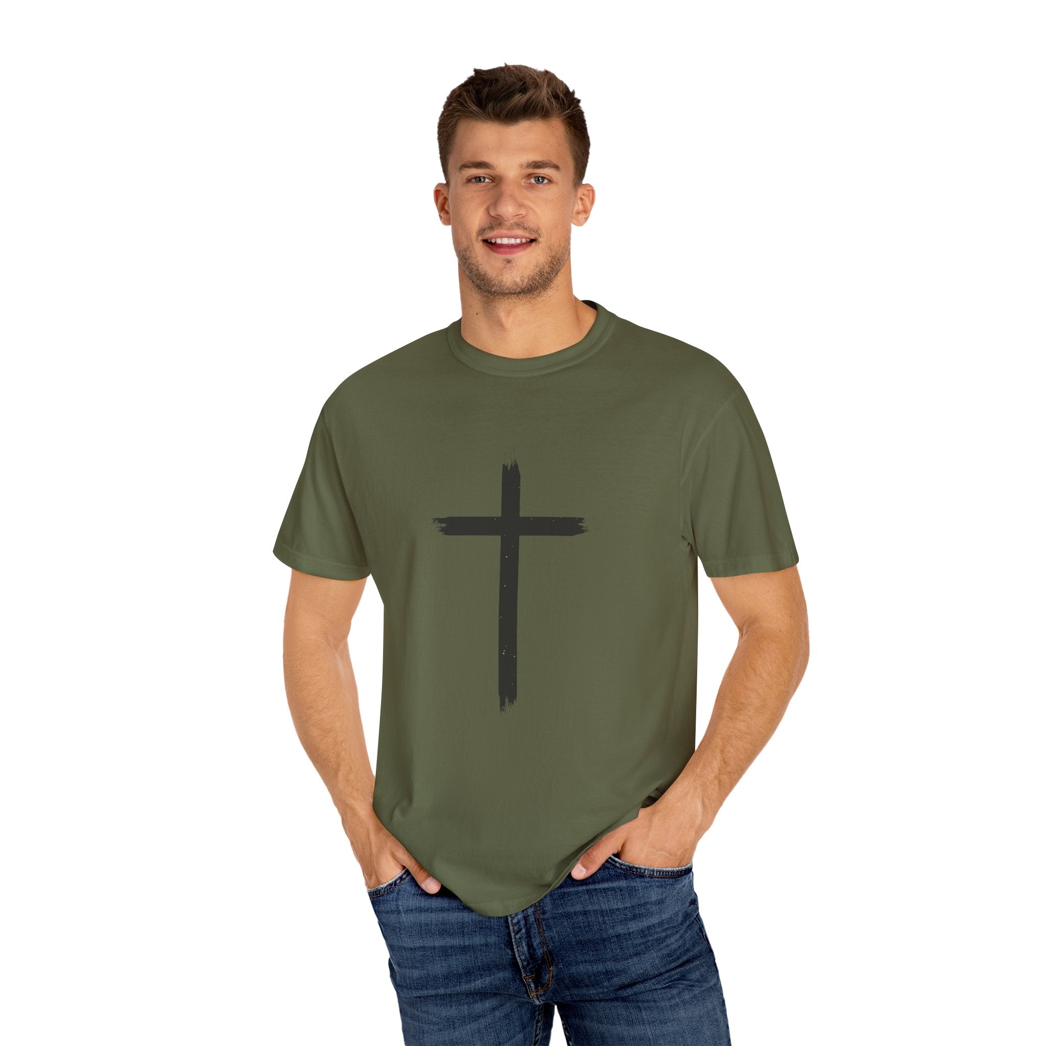 Collection of Unisex Garment-Dyed T-Shirt with Cross Design - Faith-Inspired Apparel in a gallery layout