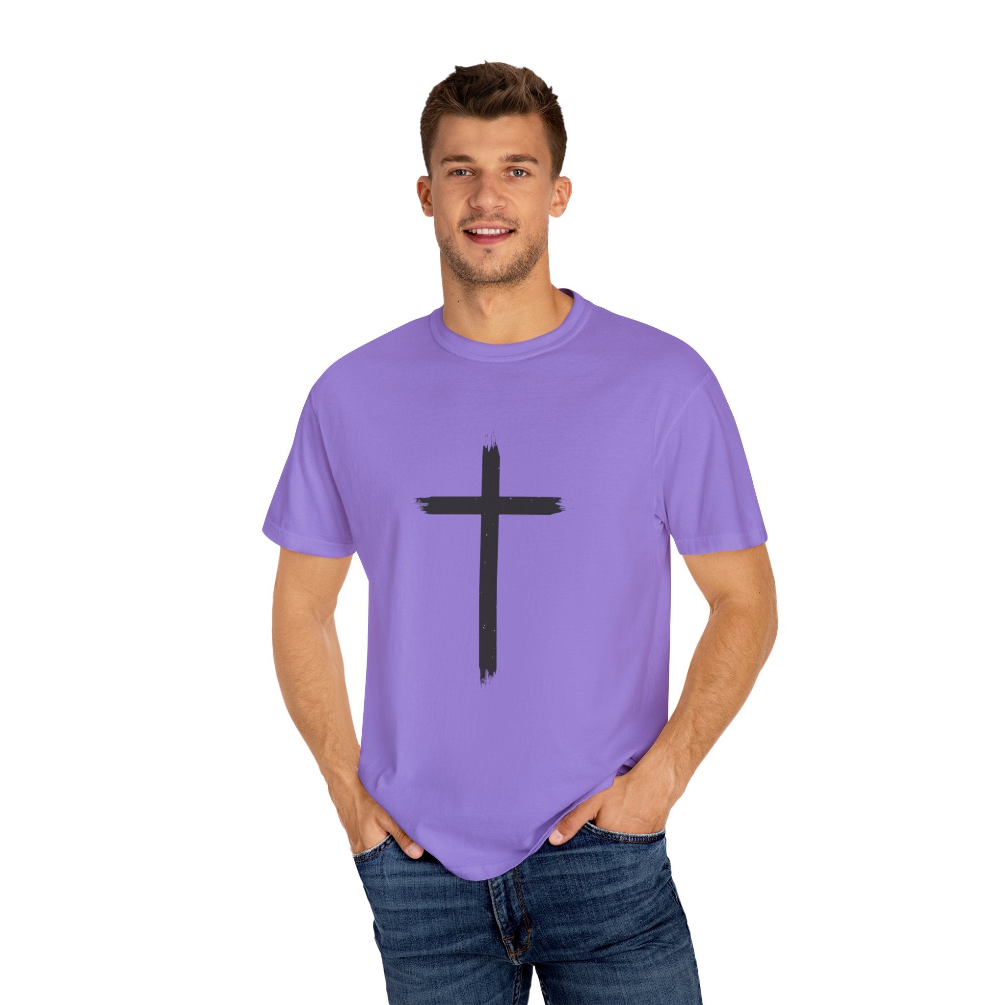 Collection of Unisex Garment-Dyed T-Shirt with Cross Design - Faith-Inspired Apparel in a gallery layout