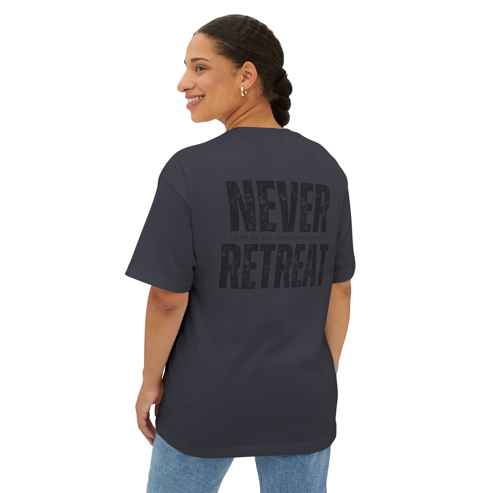 Collection of Motivational Oversized Tee - Never Retreat, Comfort Shirt, Casual Wear, Inspirational Gift, Unisex T-Shirt, Relaxed Fit in a gallery layout