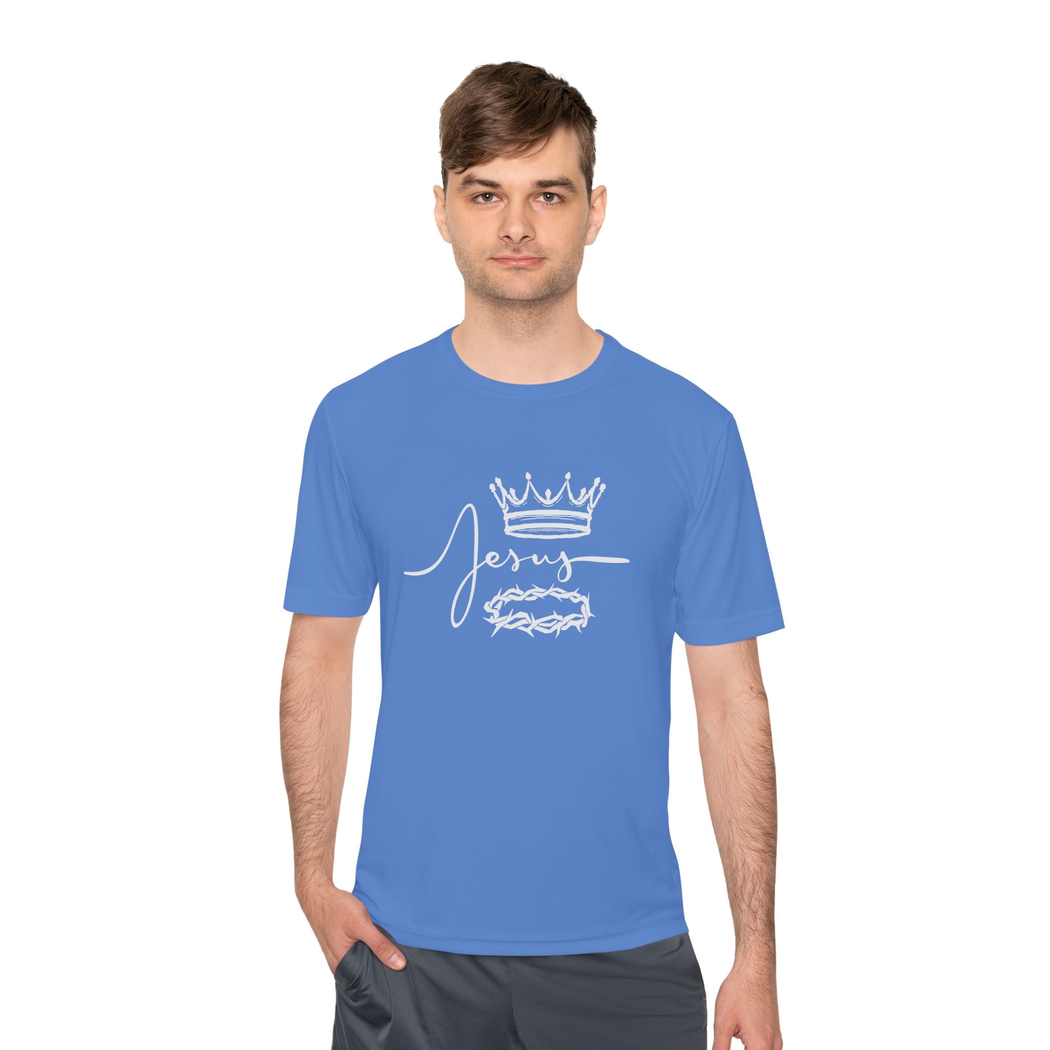 Collection of Faith-Inspired Unisex Moisture Wicking Tee - 'Jesus' Crown Design in a gallery layout