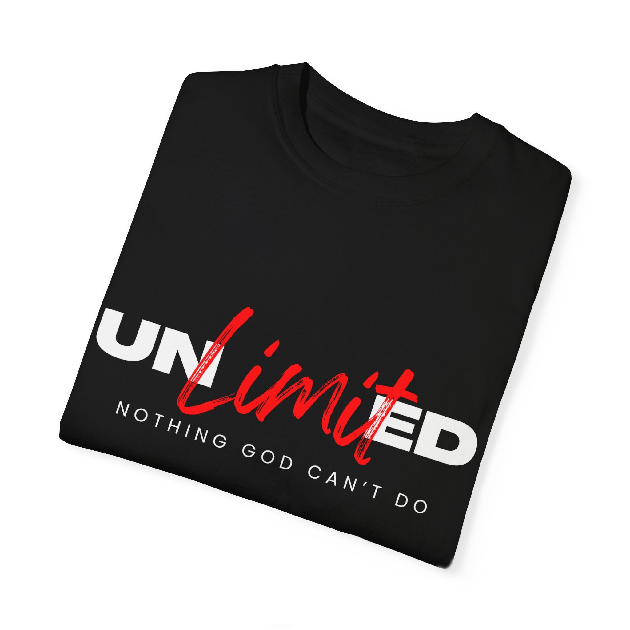 Collection of Unisex Garment-Dyed T-Shirt - "UNLIMITED: Nothing God Can’t Do" Inspirational Tee in a gallery layout