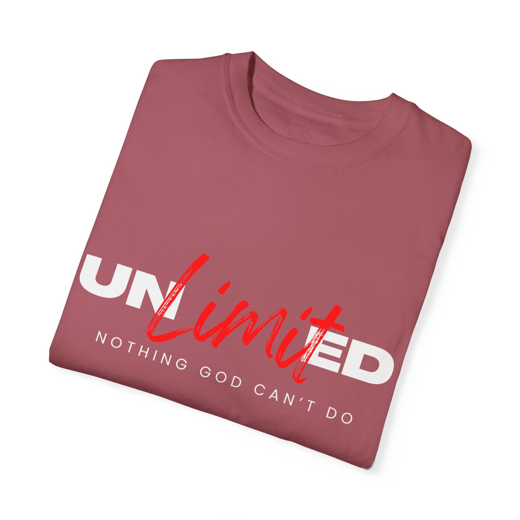 Collection of Unisex Garment-Dyed T-Shirt - "UNLIMITED: Nothing God Can’t Do" Inspirational Tee in a gallery layout