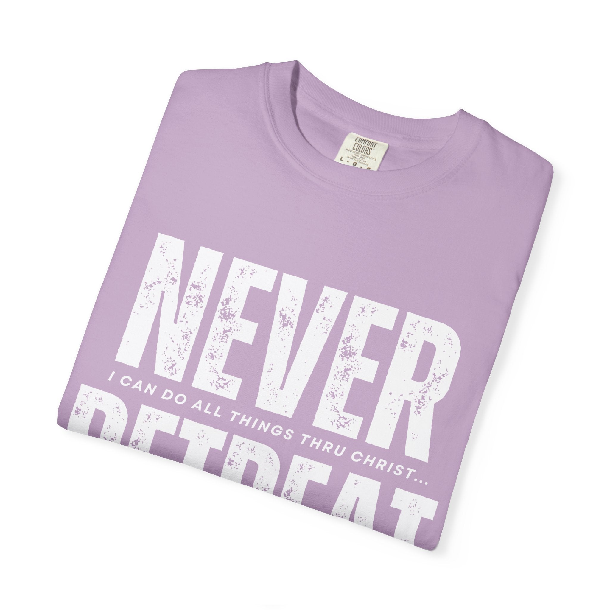 Collection of Never Retreat Shirt for Everyday Wear, Stylish Graphic Tee, Perfect for Gifts, Summer Outfits, Celebrations in a gallery layout