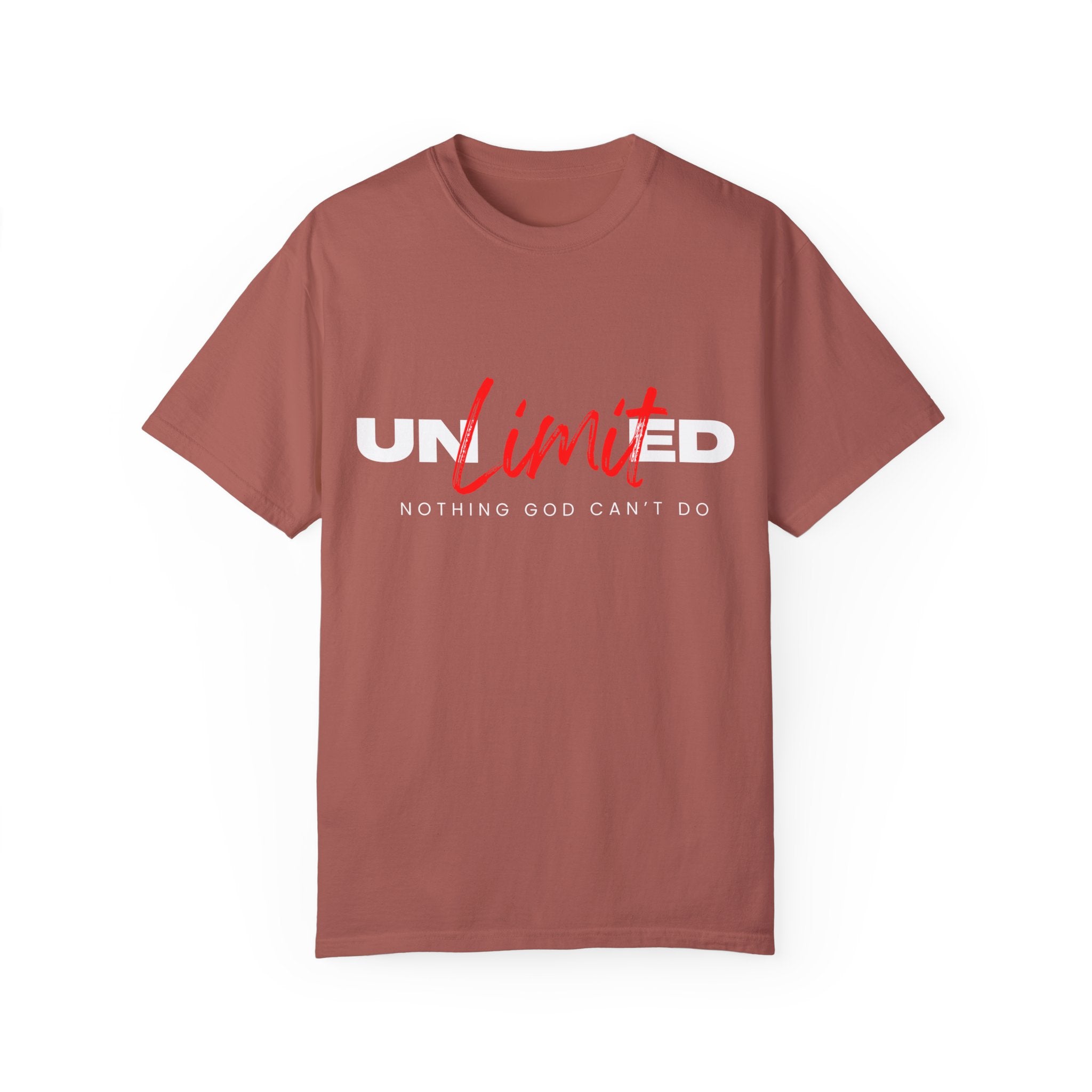 Collection of Unisex Garment-Dyed T-Shirt - "UNLIMITED: Nothing God Can’t Do" Inspirational Tee in a gallery layout